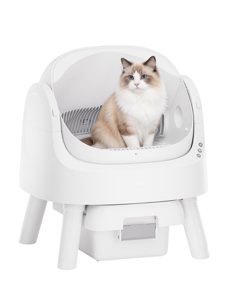 White PetPivot AutoScooper 11 open-top rotating litter sifter with a cat in the chamber, viewed from the front.