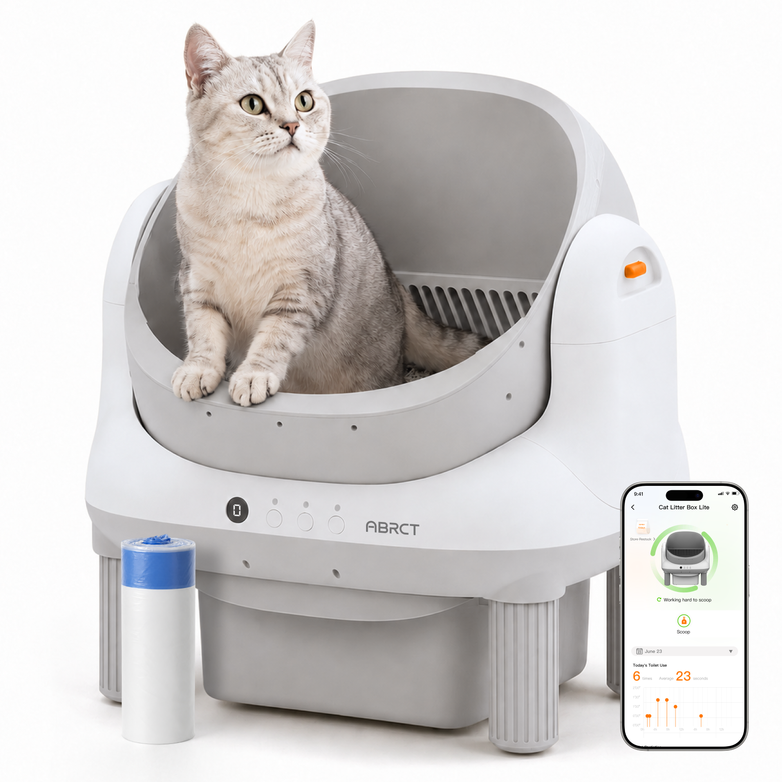 White ABRCT Open-Top L1 with an open top, cat, liner roll and phone-screen illustration reading Cat Litter Box Lite.