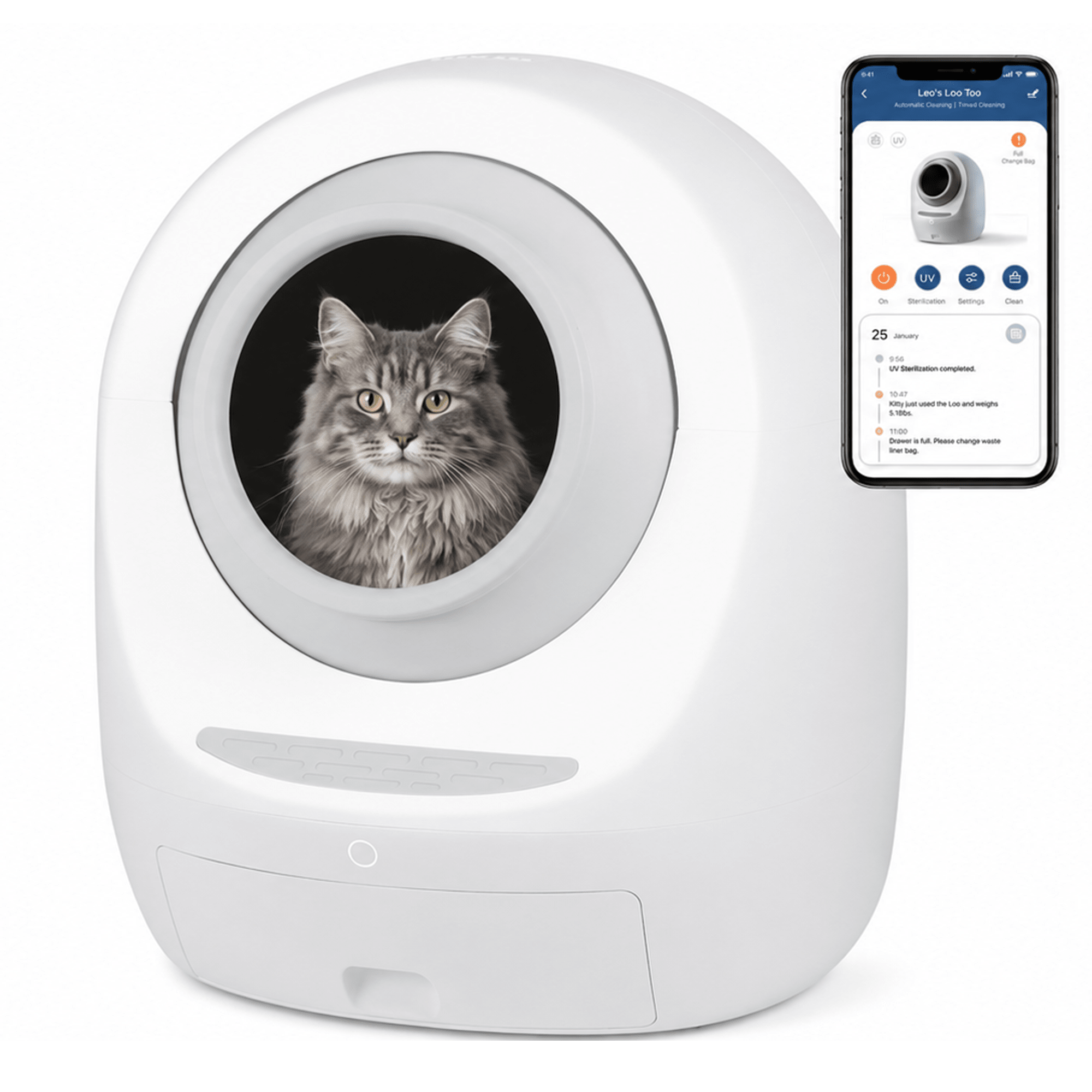 Casa Leo Leo’s Loo Too enclosed rotating litter box in a promotional composite with a cat graphic and an app screen; finish color is not reliably identified.