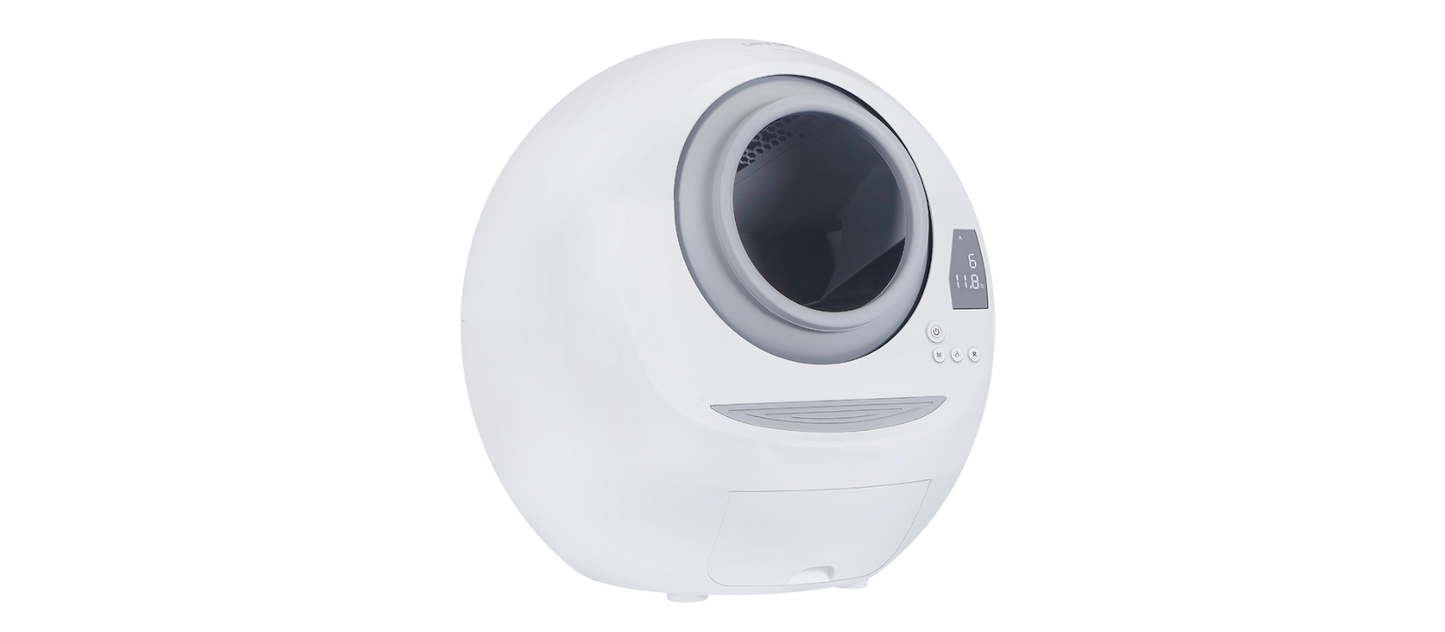 Casa Leo’s official support page shows a rounded enclosed litter machine in its image-with-text section headed “Leo’s Loo”; the source does not label an exact SKU or finish.
