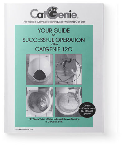 Official CatGenie 120 Operation Manual cover with the exact model name and four grayscale setup/operation panels.