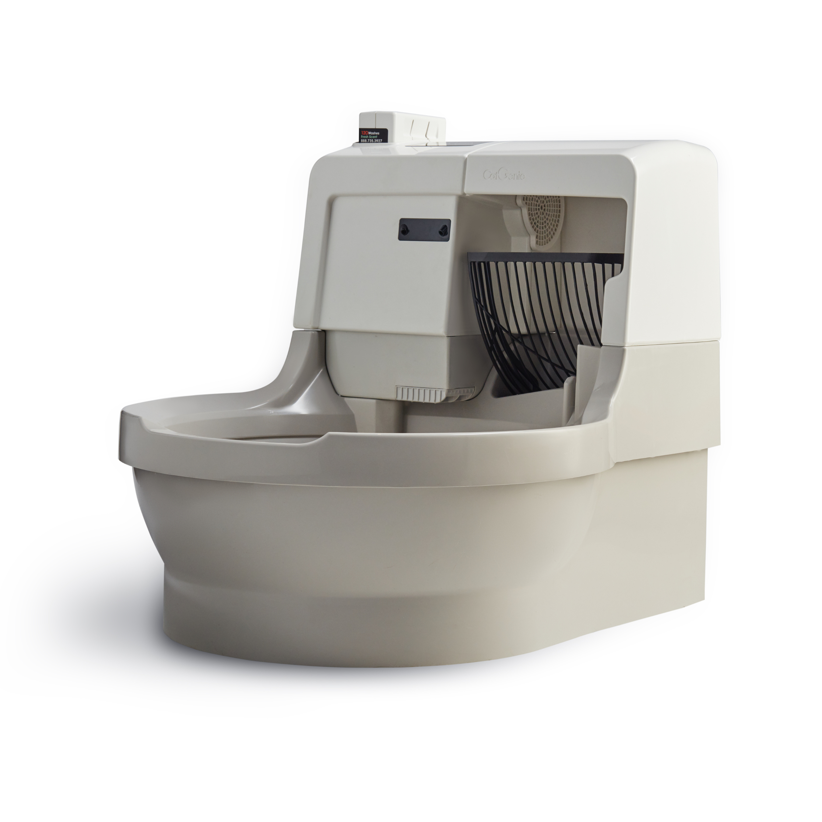 White CatGenie A.I. open-bowl self-flushing litter appliance with a dark GenieHand, front view.