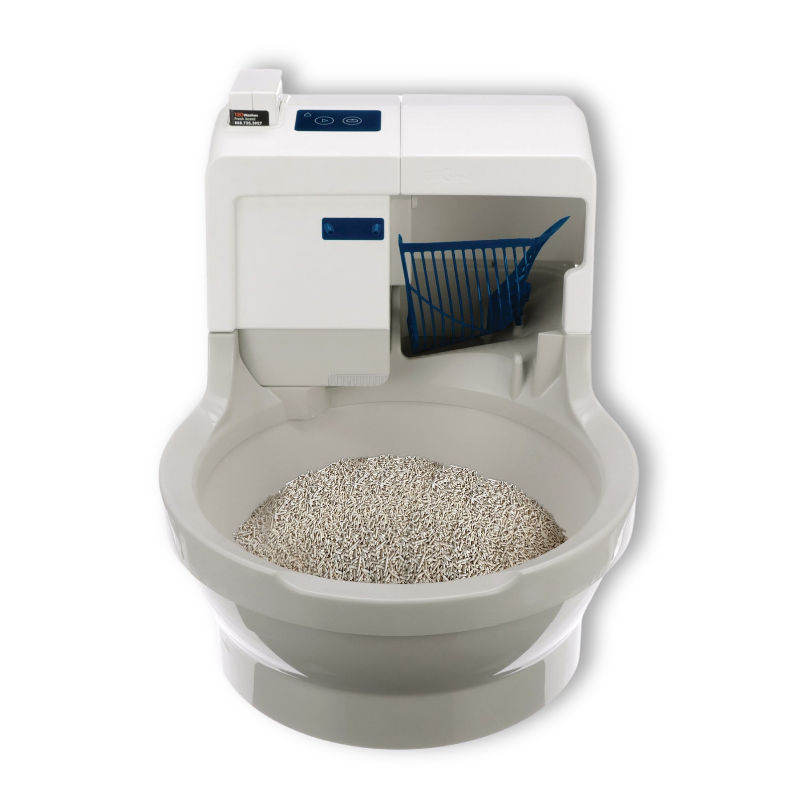 White CatGenie Whoosh open-bowl self-flushing litter appliance with a blue GenieHand, front view.