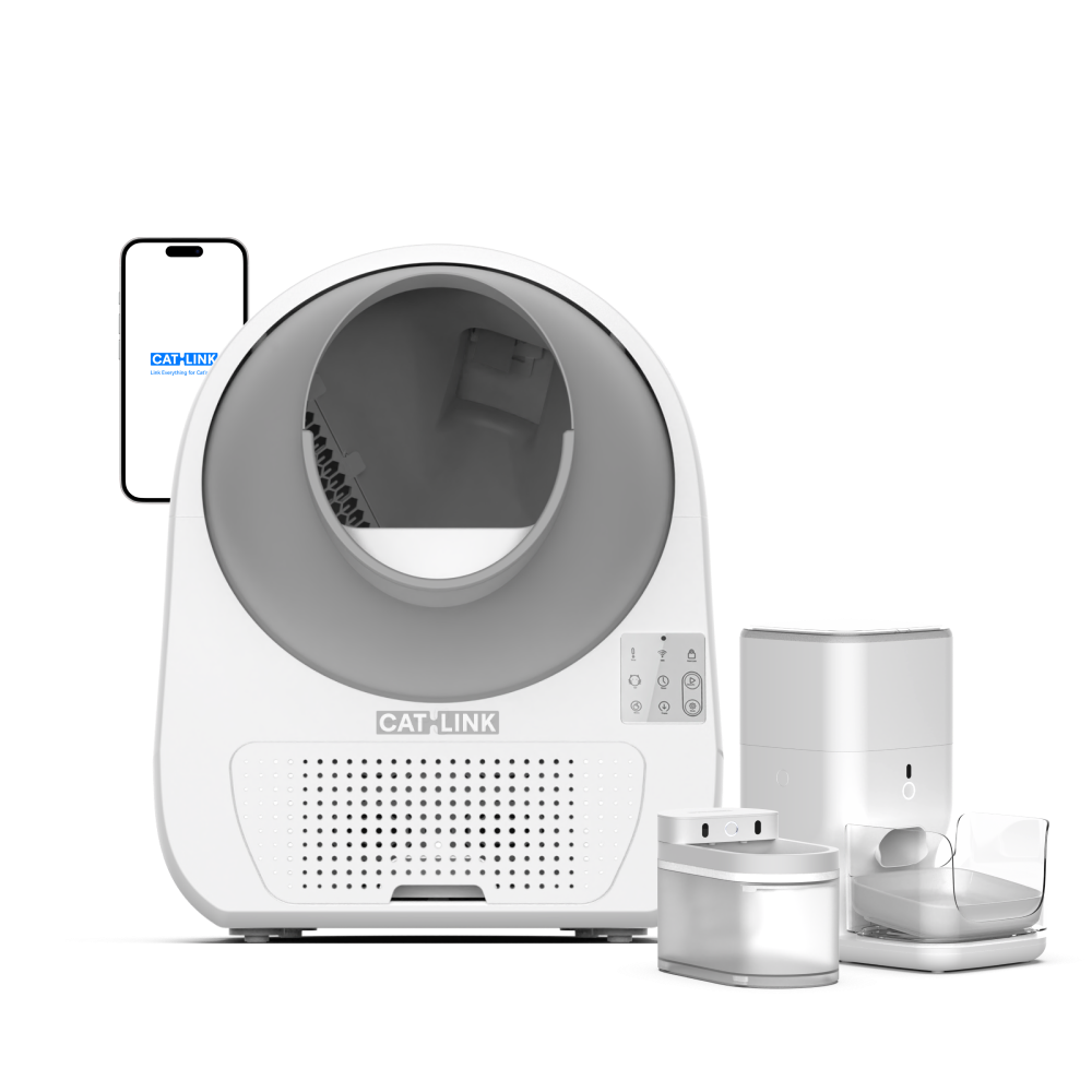 CATLINK product-page composition of a white Luxury Pro-X litter box, feeder and water fountain