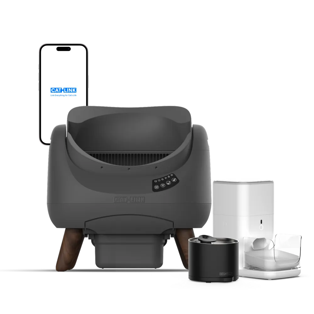 CATLINK product-page composition of a dark-gray open-top Open-X litter box, feeder and fountain