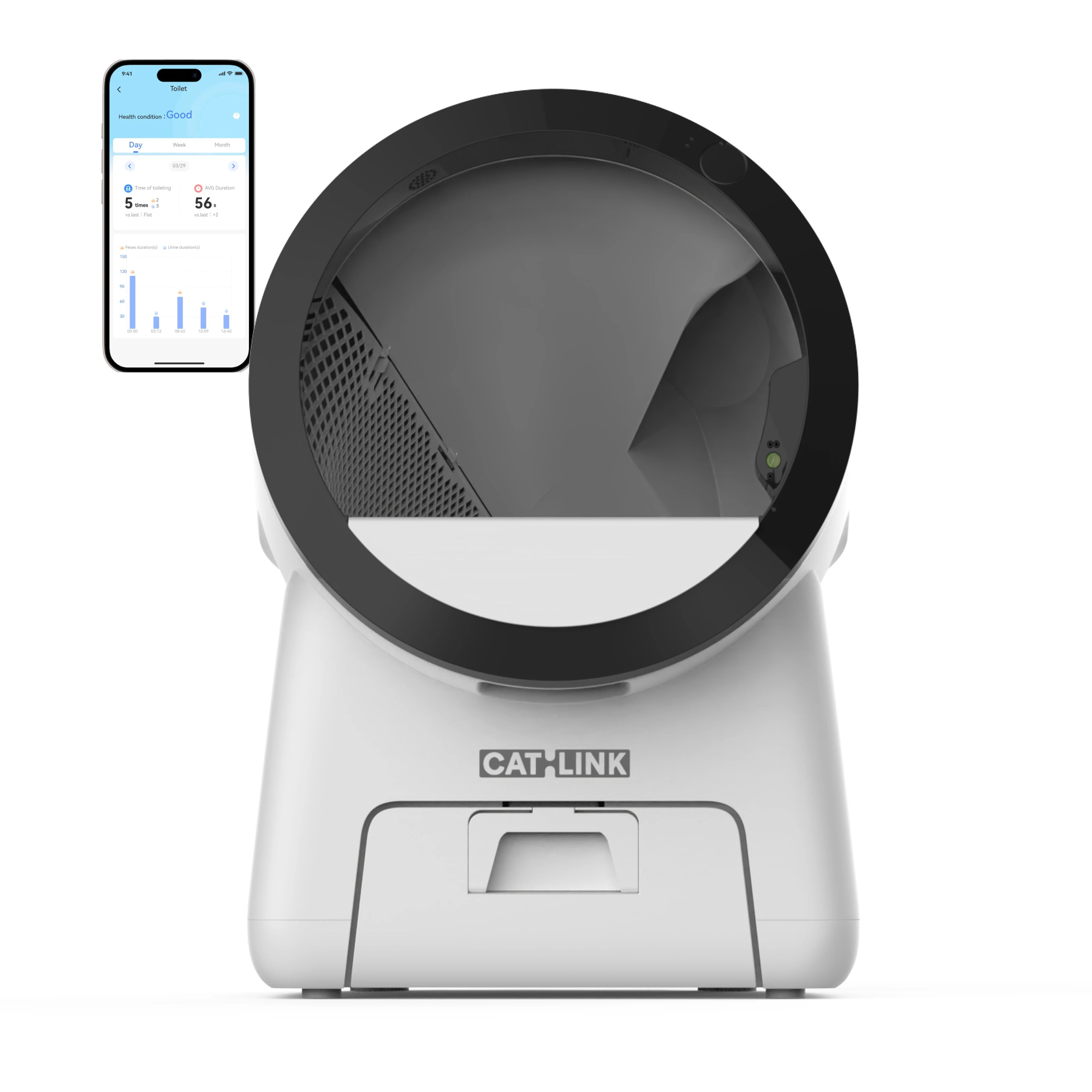White CATLINK Scoop Robot Pro with dark enclosed globe opening and an app-screen mockup at left, front view.