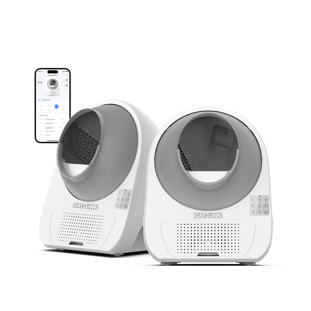Two white CATLINK Scooper Luxury Pro-X enclosed rotating globes with a phone graphic; White Double Set CL-06/CL-07 manufacturer render, not hands-on photography.
