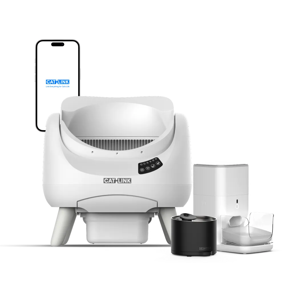 White CATLINK Open-X EcoSystem package render showing one litter box, automatic feeder, fountain and phone graphic.