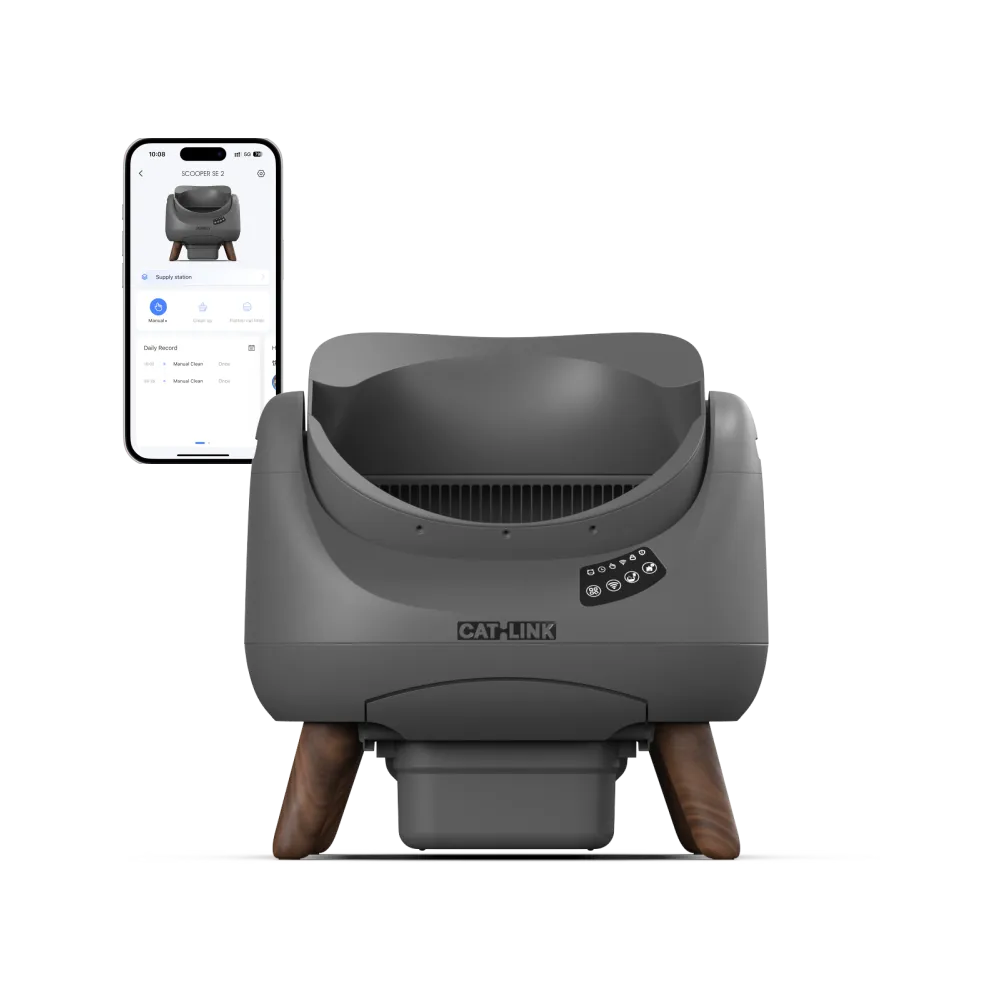 Dark-gray CATLINK Scooper Open-X (Multi-Cat) with an app mock-up behind the unit.