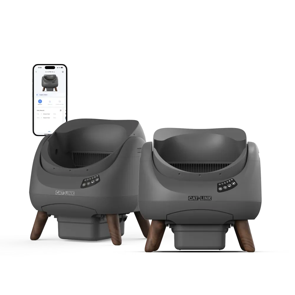 Two dark-gray CATLINK Scooper Open-X open-top litter boxes beside an app phone graphic.