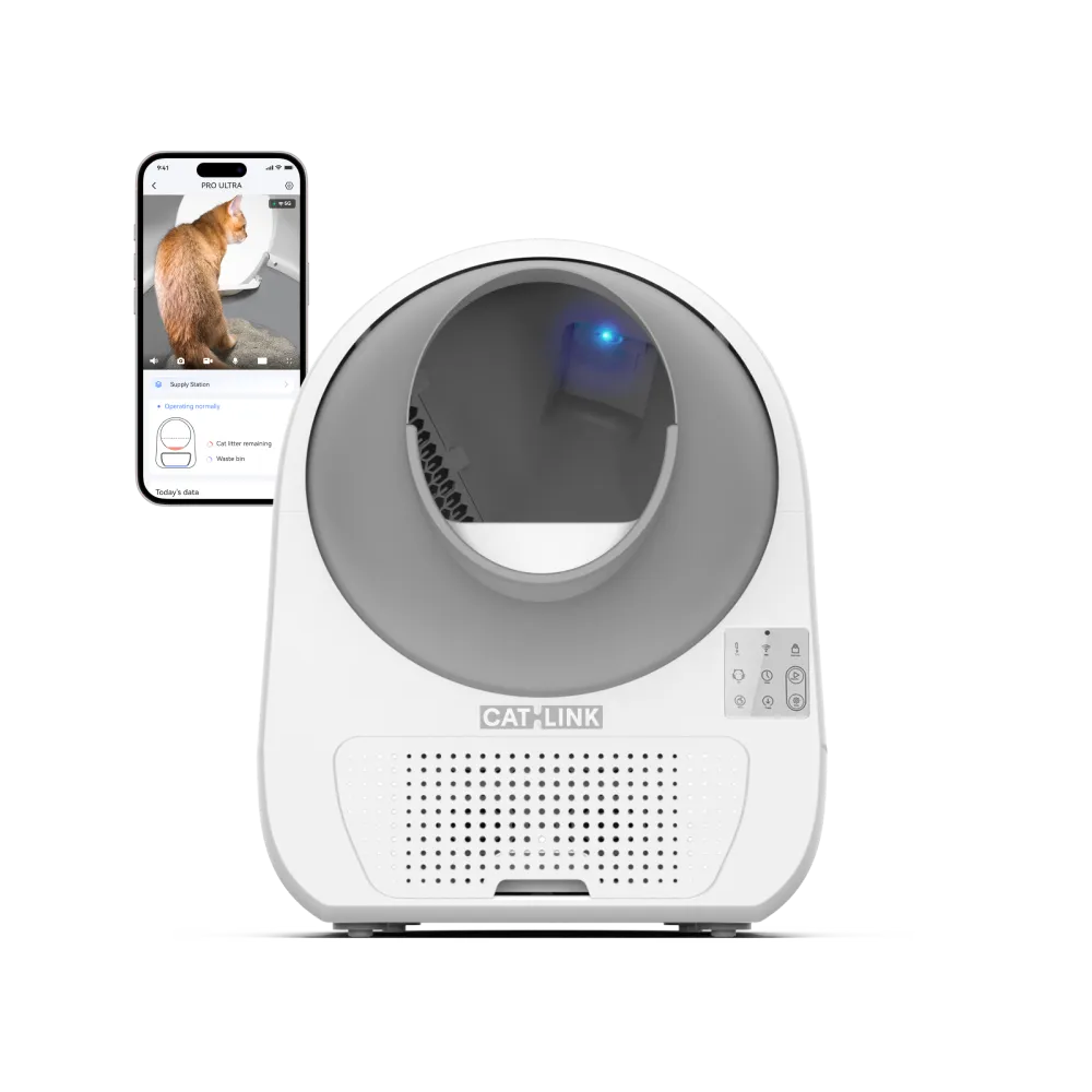 CATLINK Scooper Pro Ultra CL-CG-01 single-set manufacturer artwork, white enclosed globe with camera indicator. Product render, not a hands-on photograph.