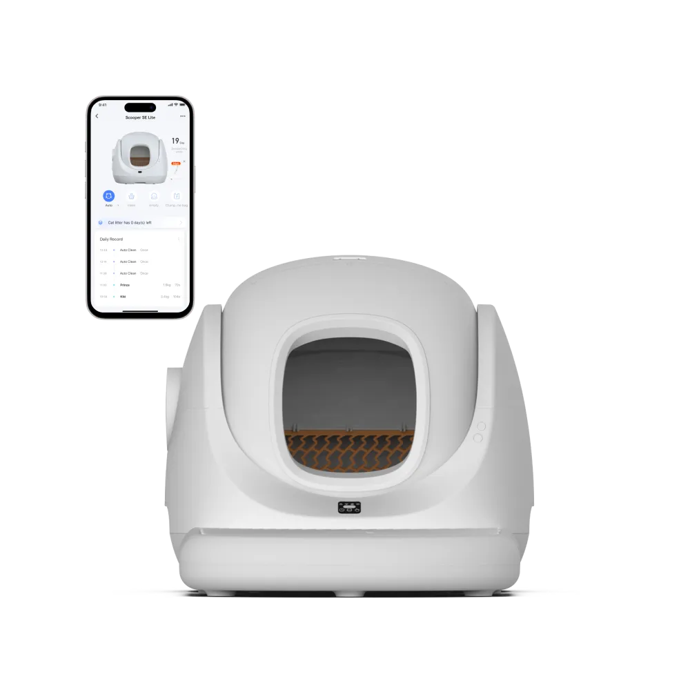 CATLINK Scooper SE Lite CL-CA-02 single-set manufacturer artwork, white enclosed rotating globe. Product render, not a hands-on photograph.