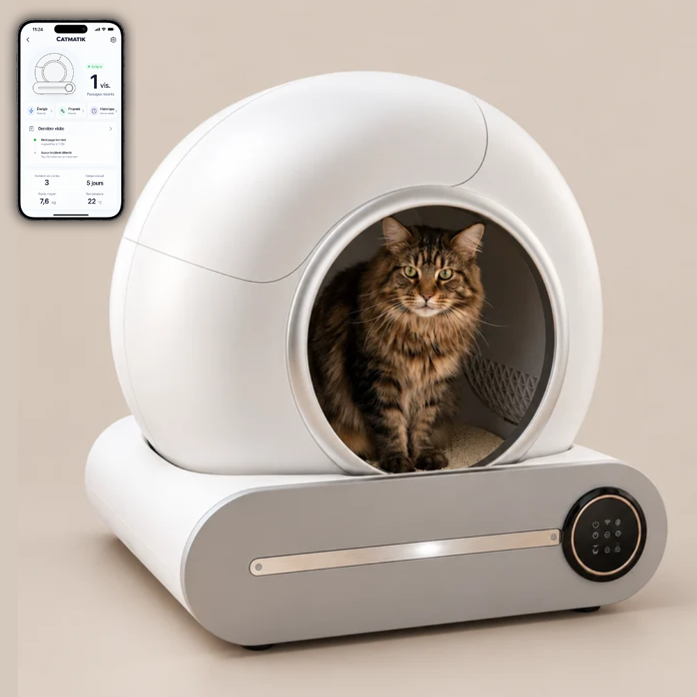 Official CatMatik Halo gallery artwork showing the white enclosed rotating globe with app display.