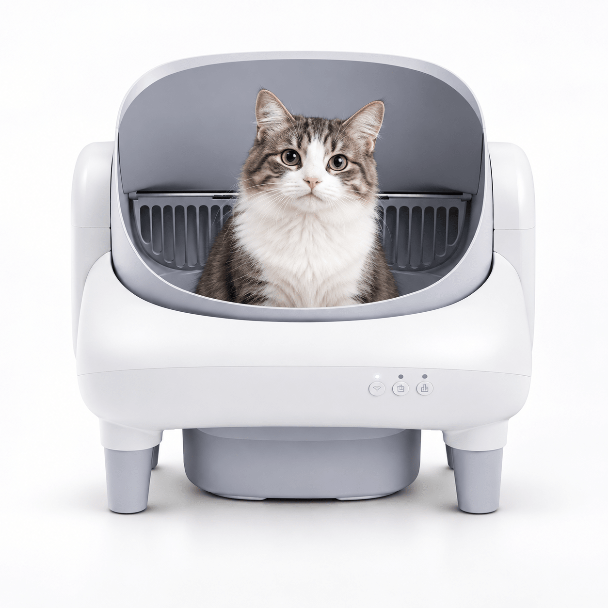 Cumrige E open-top automatic litter box shown with a cat in the exposed sifting chamber in manufacturer artwork.