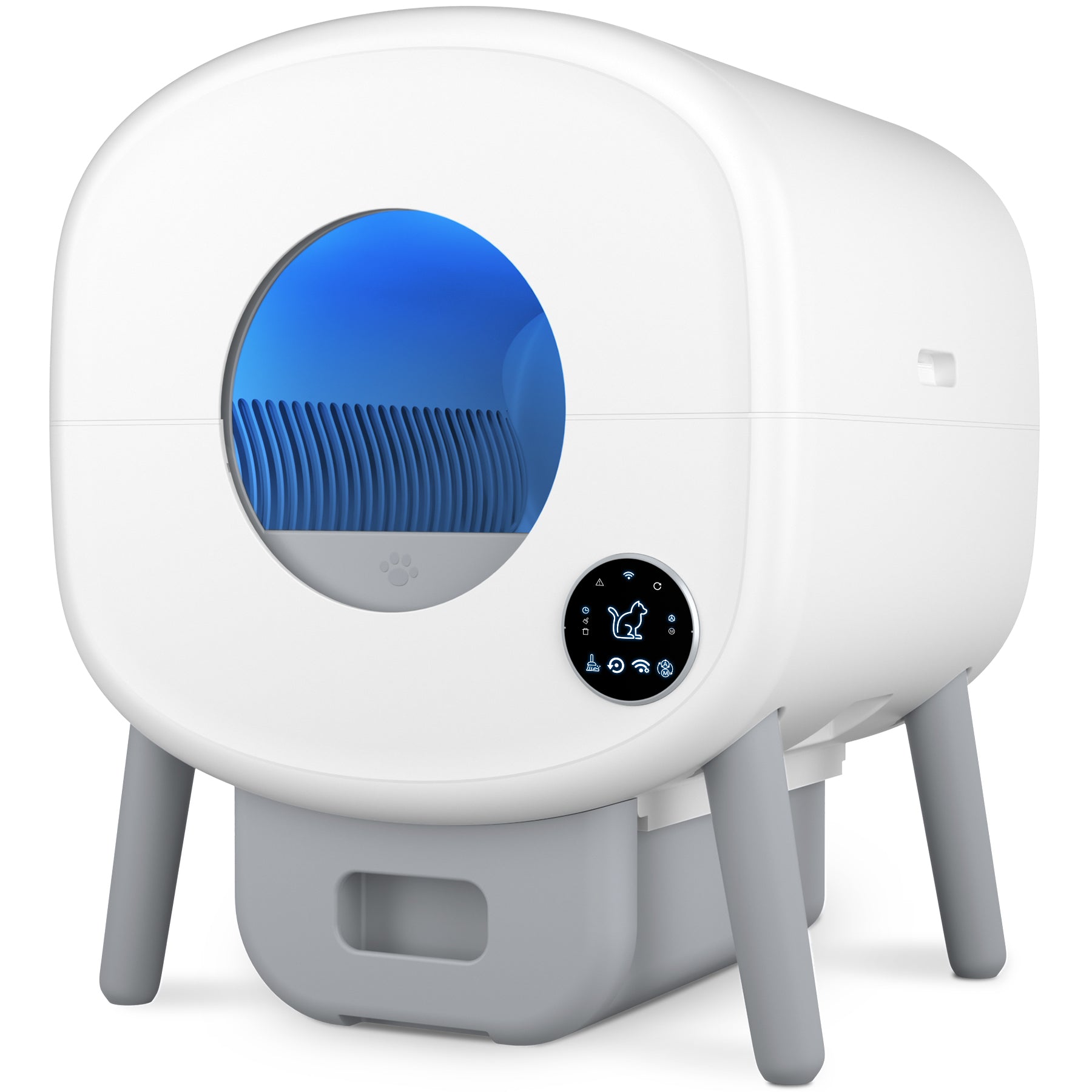 White-and-gray Cumrige M2 enclosed automatic litter box shown from the front with circular entry and illuminated touch panel.