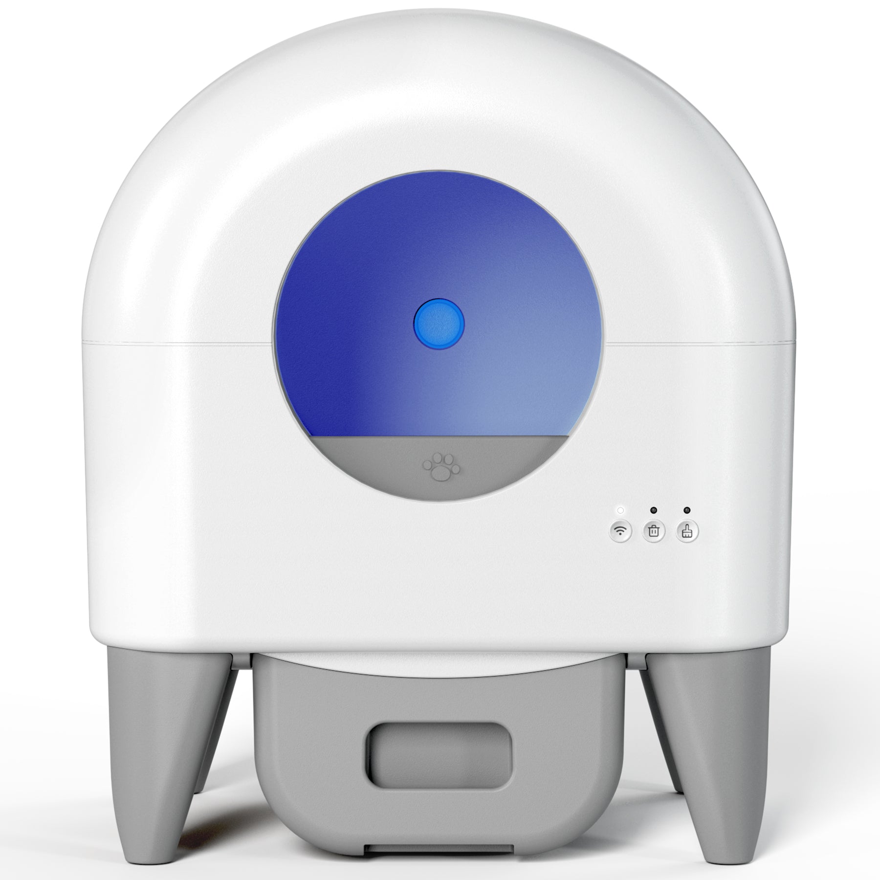 White-and-gray Cumrige M4 enclosed automatic litter box with circular front entry, three buttons and waste drawer.