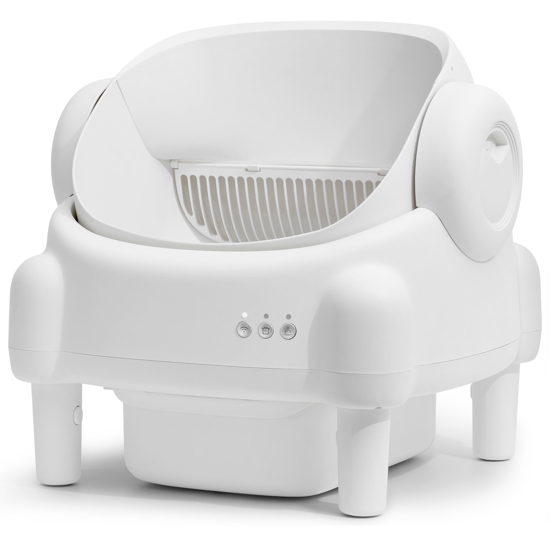 White Cumrige M5 open-top automatic litter box with visible sifting chamber and front control buttons.