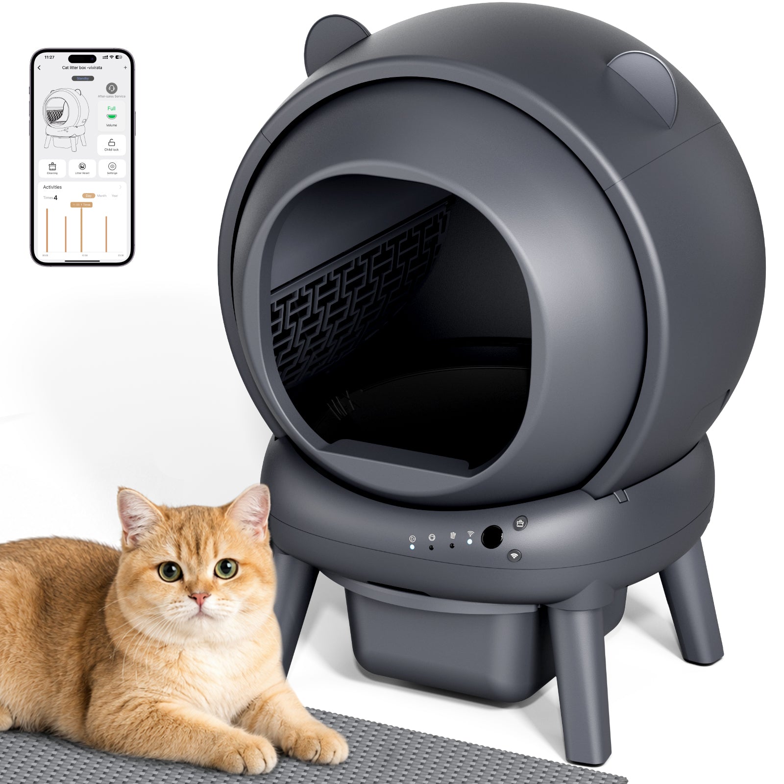 Gray Cumrige enclosed automatic litter box with app screenshot and cat in manufacturer composite artwork.