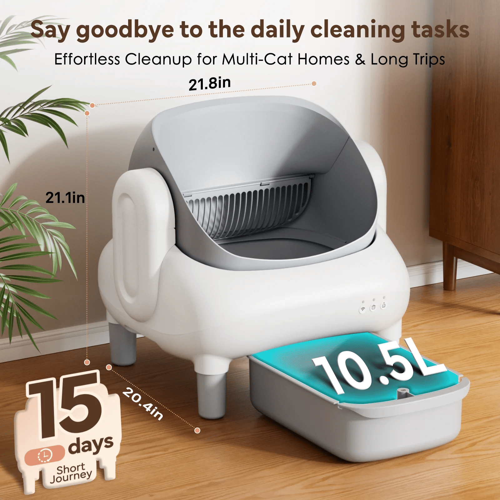 Cumrige page-linked illustration of the open-top automatic litter box and pull-out waste bin, with manufacturer callouts for dimensions and 10.5 L capacity.