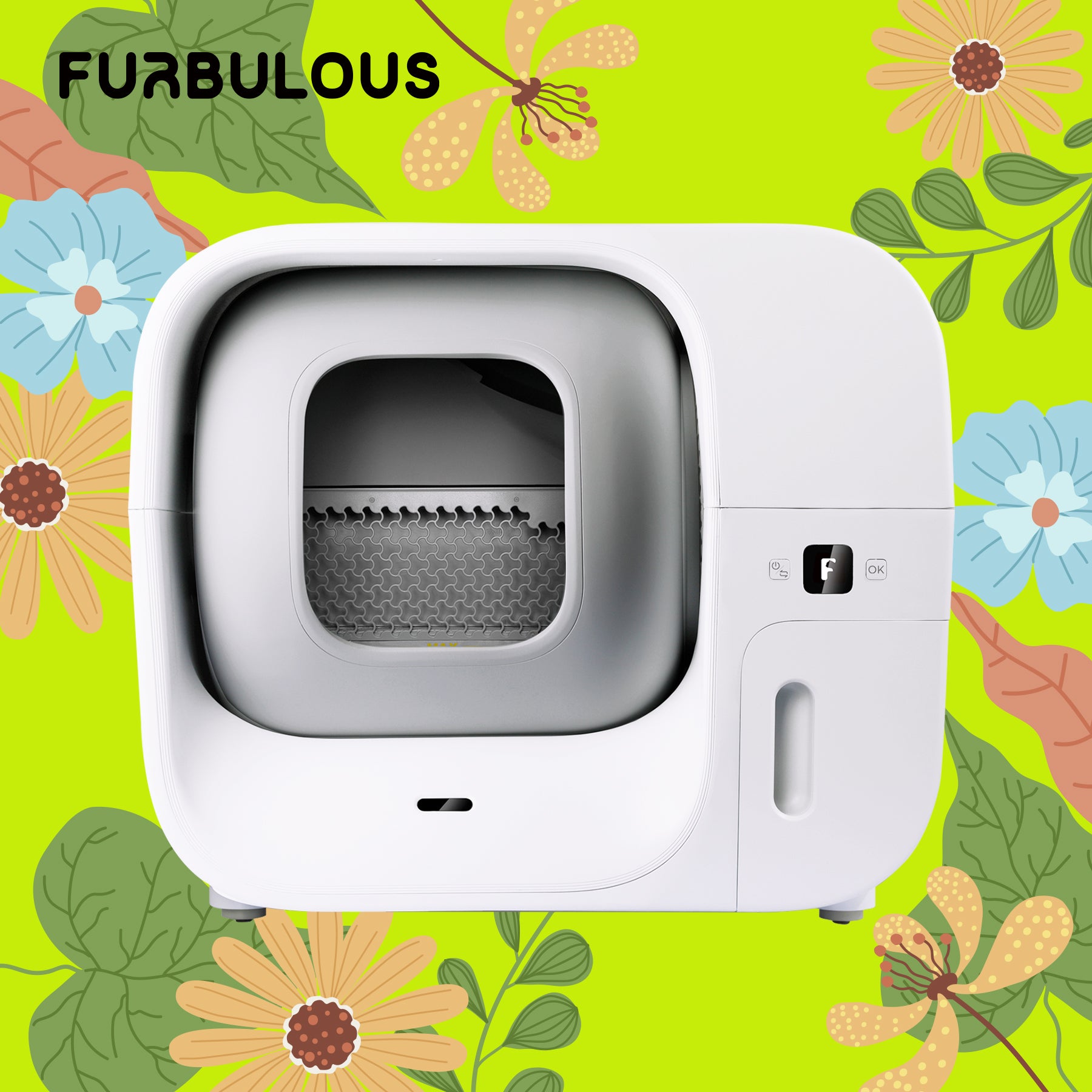 Furbulous Box LB01-IN enclosed rotating litter box, front view against a floral graphic background.