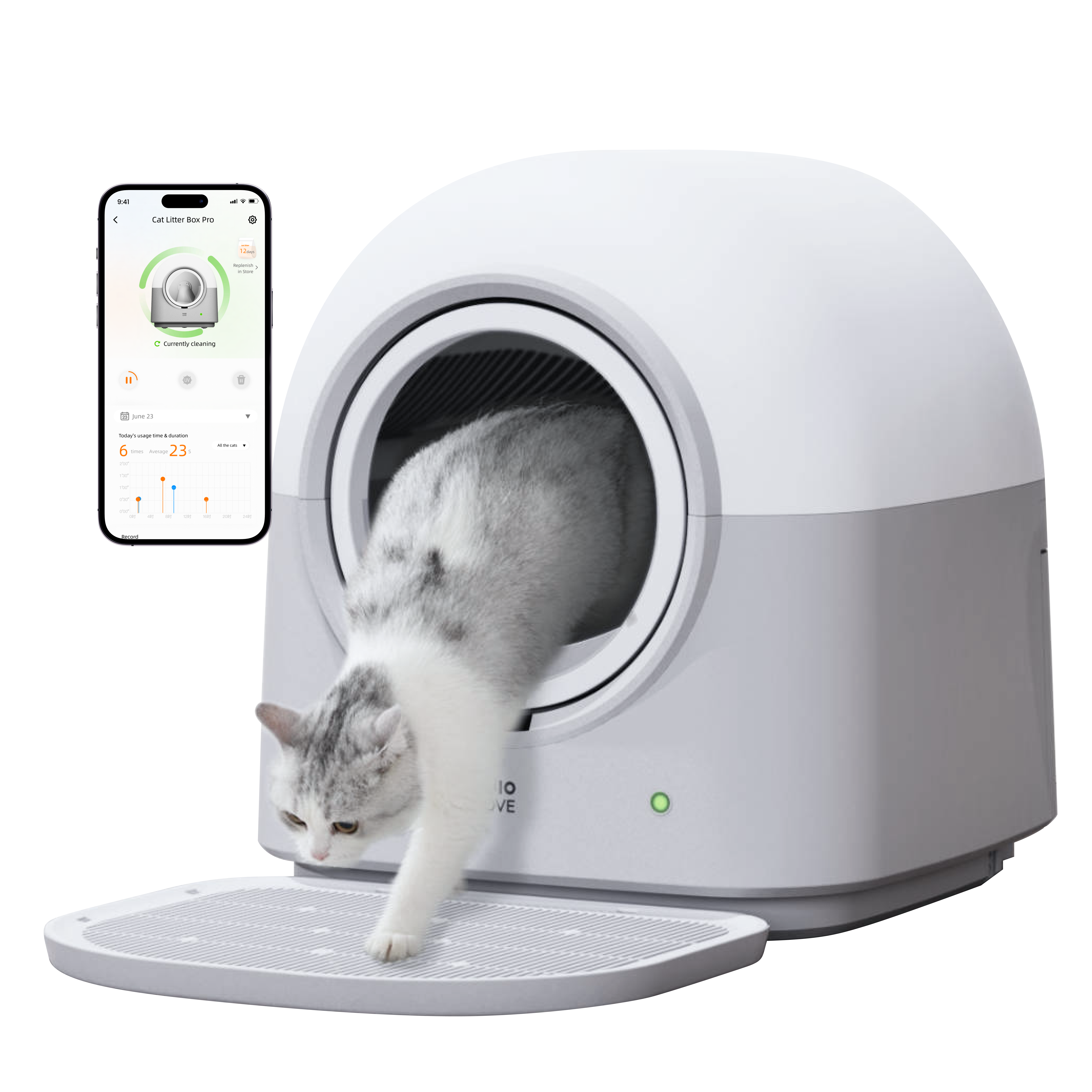 White HHOLOVE CL-TYW Automatic Cat Litter Box Pro with circular front opening, cat, front step and illustrated app screen.