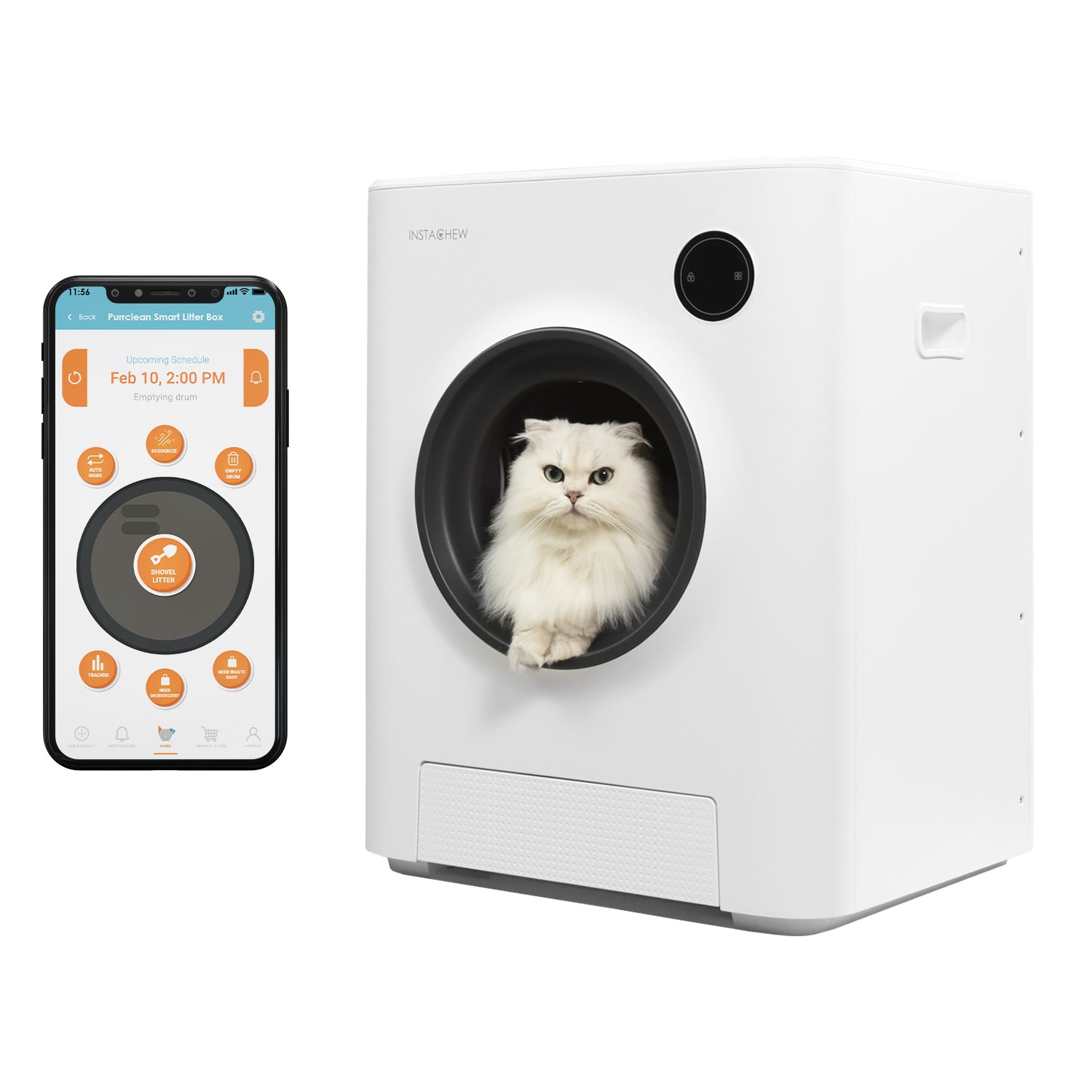 White Instachew Purrclean IC085A enclosed litter box with a round front opening and a phone displaying the Purrclean app.