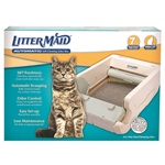 LitterMaid Classic LM580 carton and open rake box with staged cat; low-resolution manufacturer package artwork, not a hands-on photo.