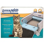 LitterMaid Classic Plus LM680C carton and open rake box with staged cat; low-resolution manufacturer package artwork, not a hands-on photo.