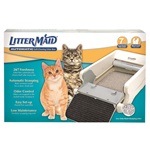 LitterMaid Classic LM980 carton and open rake box with staged cat; low-resolution manufacturer package artwork, not a hands-on photo.