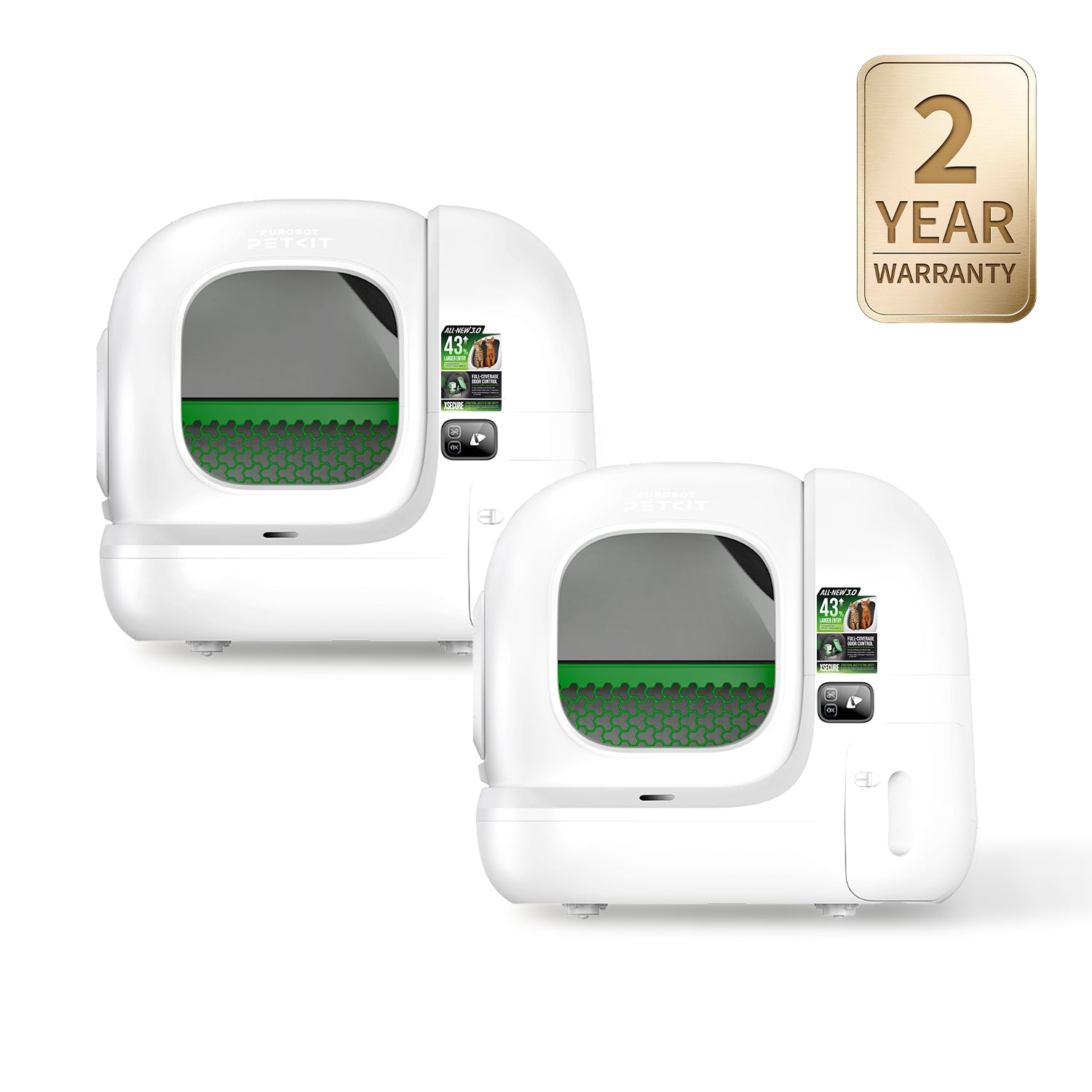 Two white Purobot Max 3 automatic litter boxes shown together with a two-year warranty badge; manufacturer artwork.