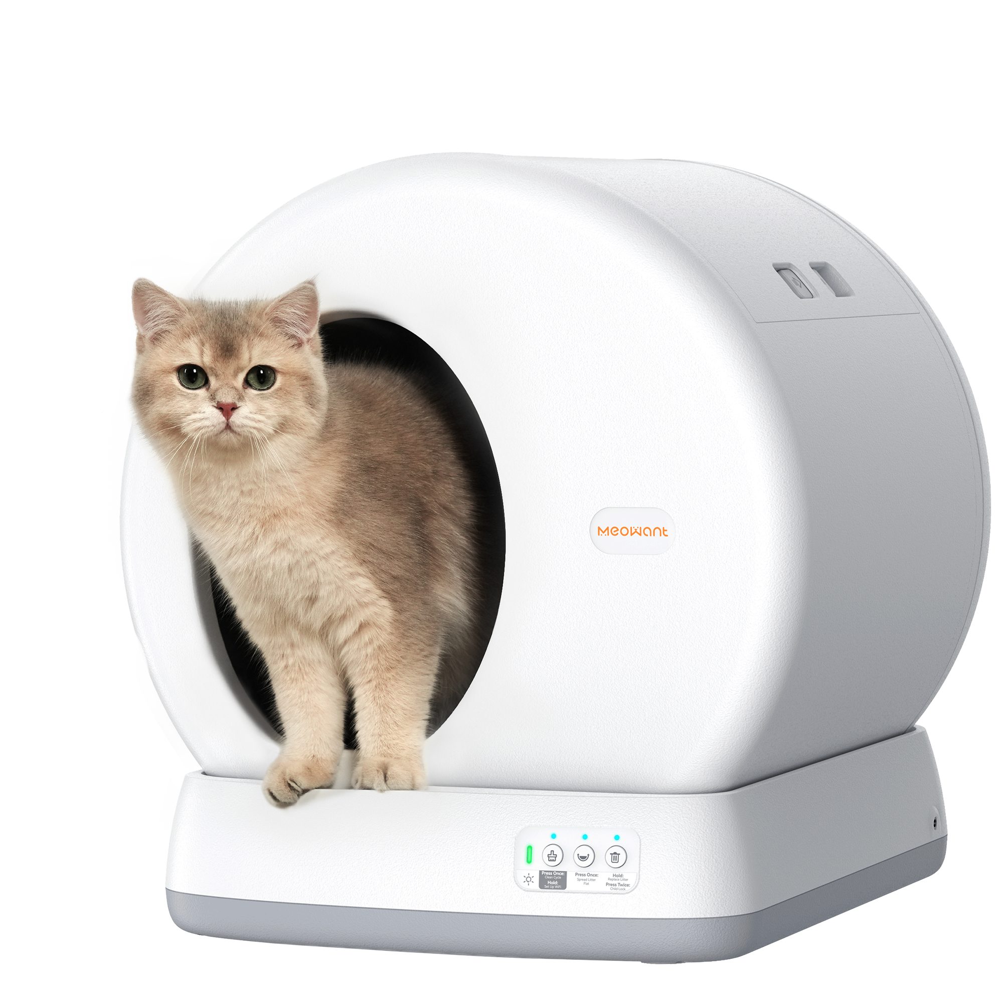 Meowant SC01 enclosed rotating litter box in gray with app and cat imagery.