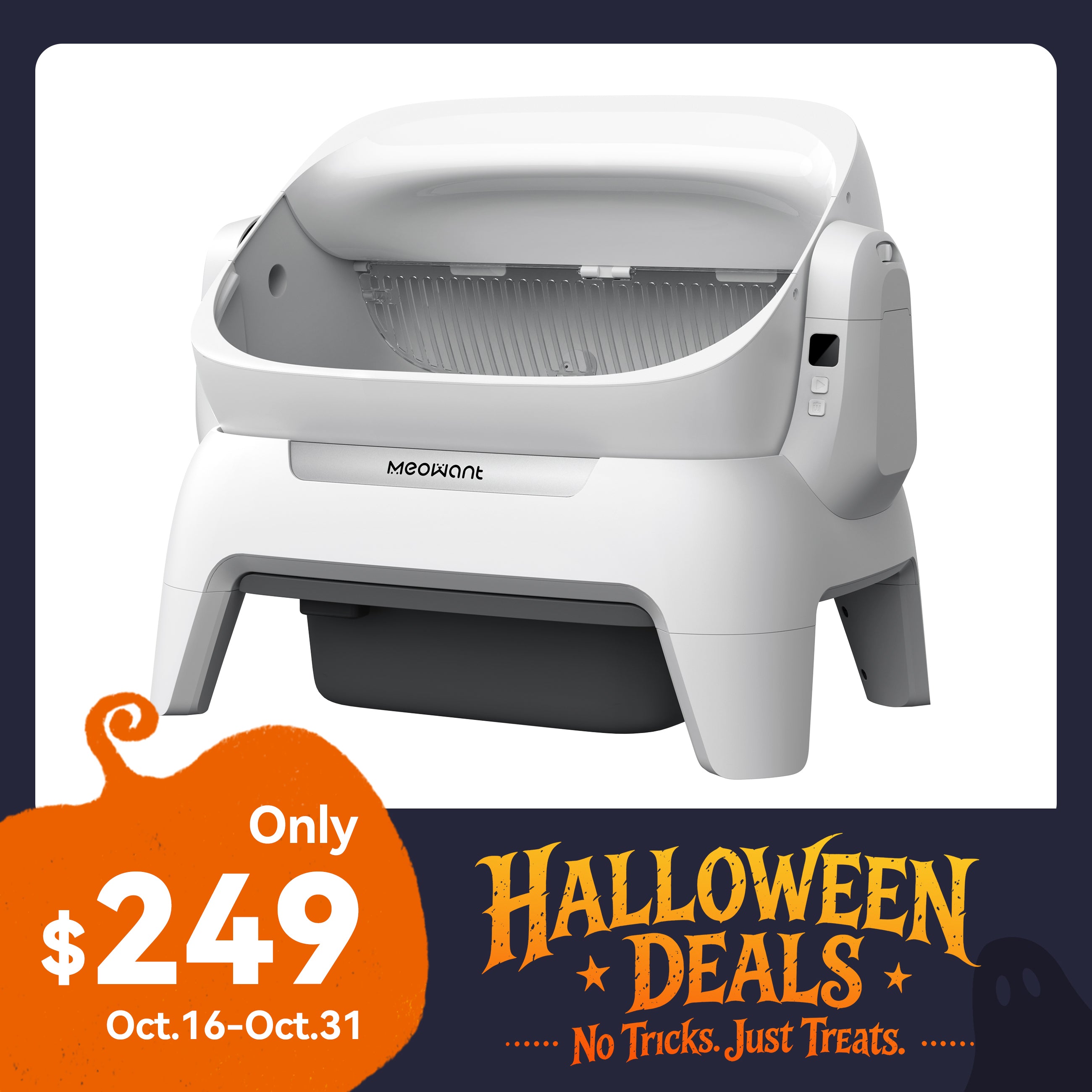Meowant MW-SC10 open-top rotating litter box, white finish product artwork.