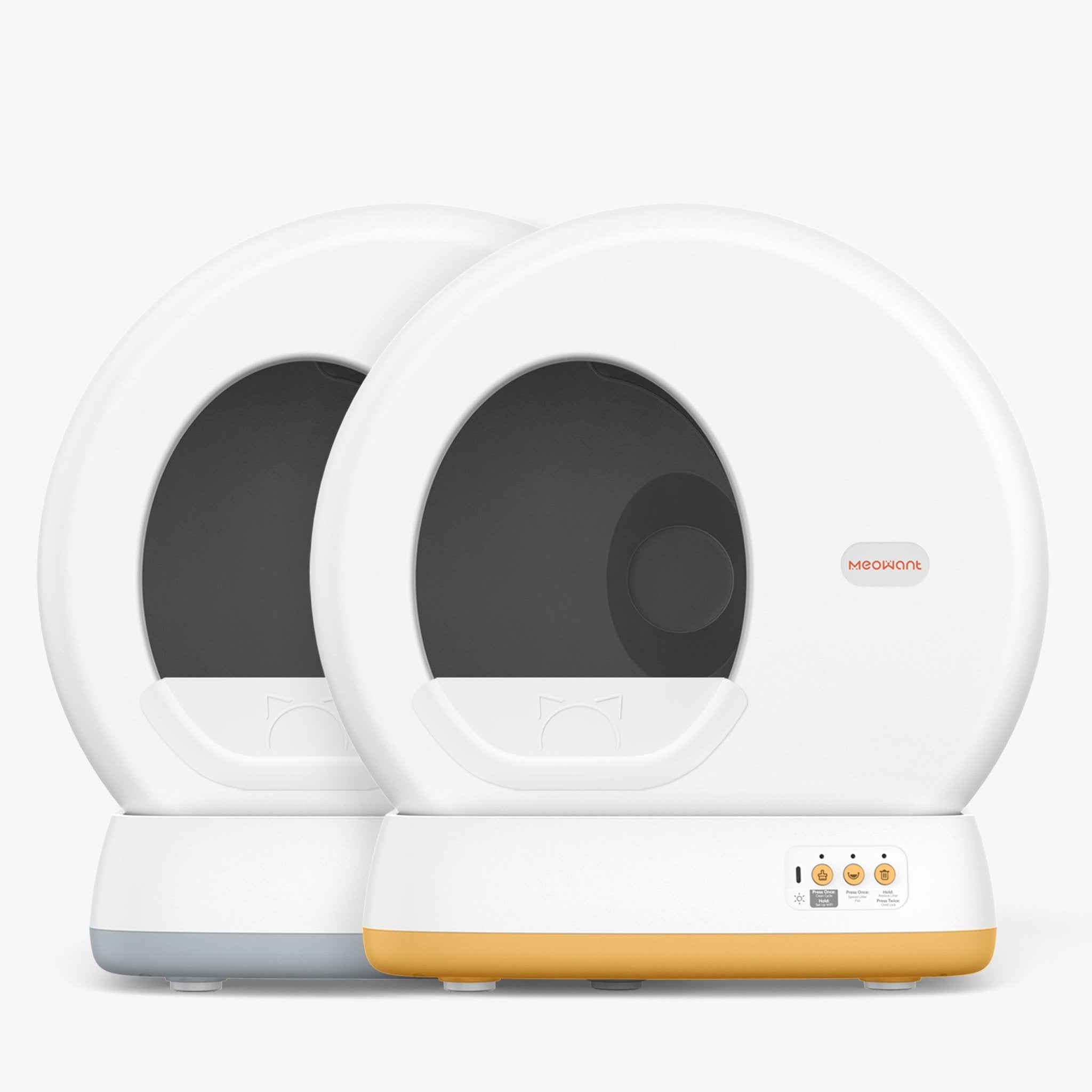 Two Meowant SC01 enclosed litter machines shown together, one gray and one yellow.