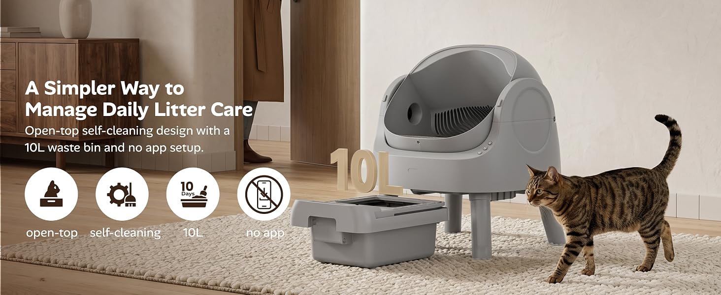 Gray open-top Mimfam AS11 automatic litter-box unit with a lower waste drawer and cat shown in the promotional graphic.
