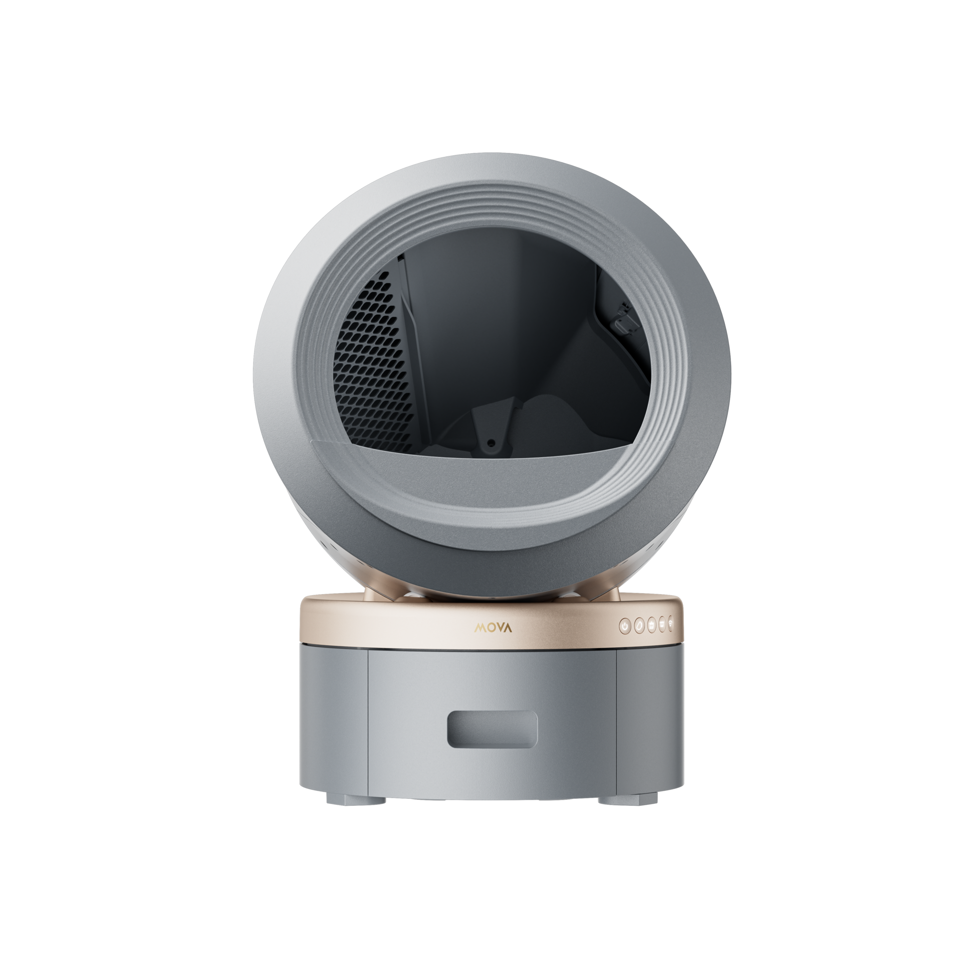 Gray MOVA MeowgicPod LB10 Prime semi-open rotating/sifting litter pod viewed from the front, with the circular opening and lower waste bin visible.