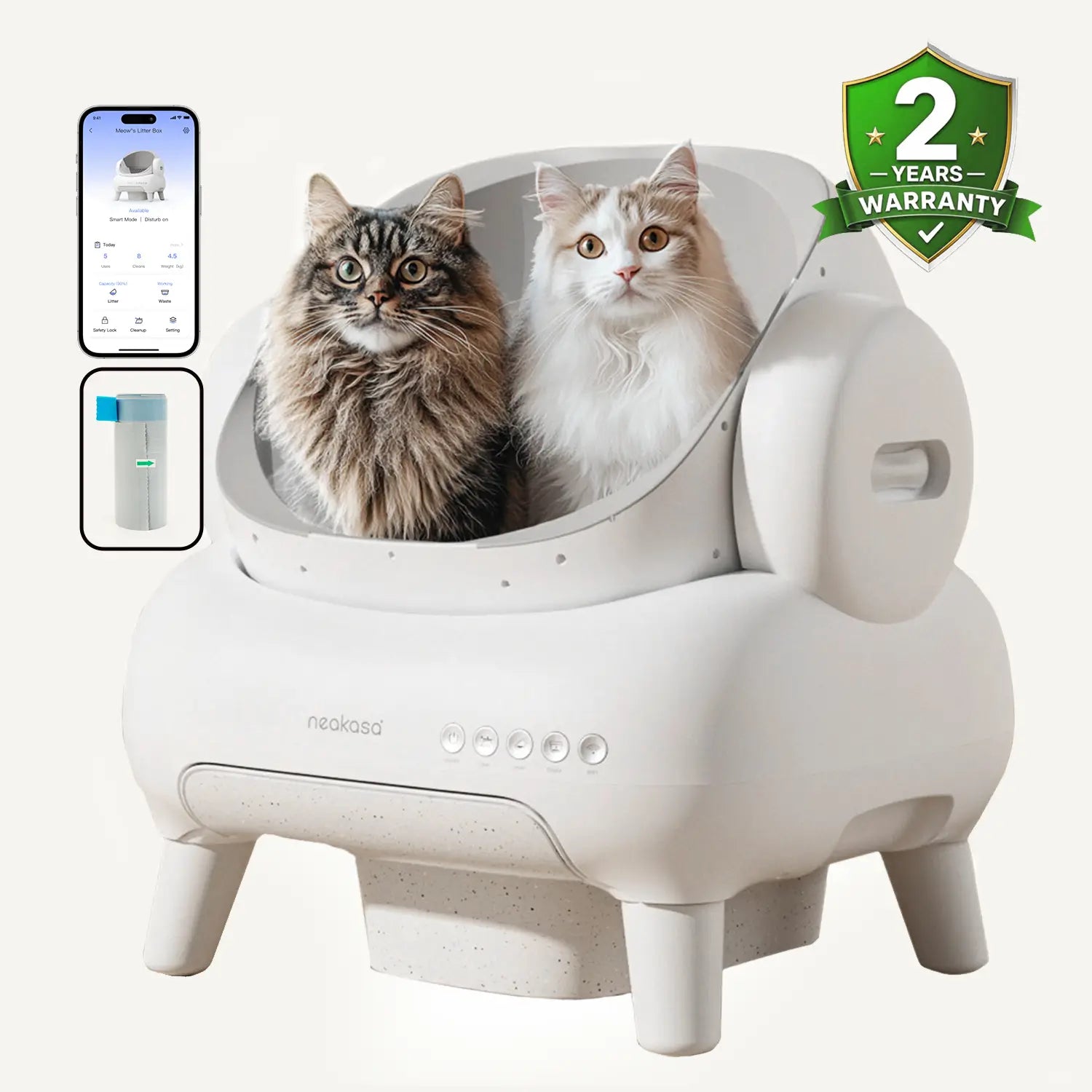 Neakasa M1 Lite Plus open-top/open-view litter box shown in manufacturer marketing image with promotional app or accessory artwork.