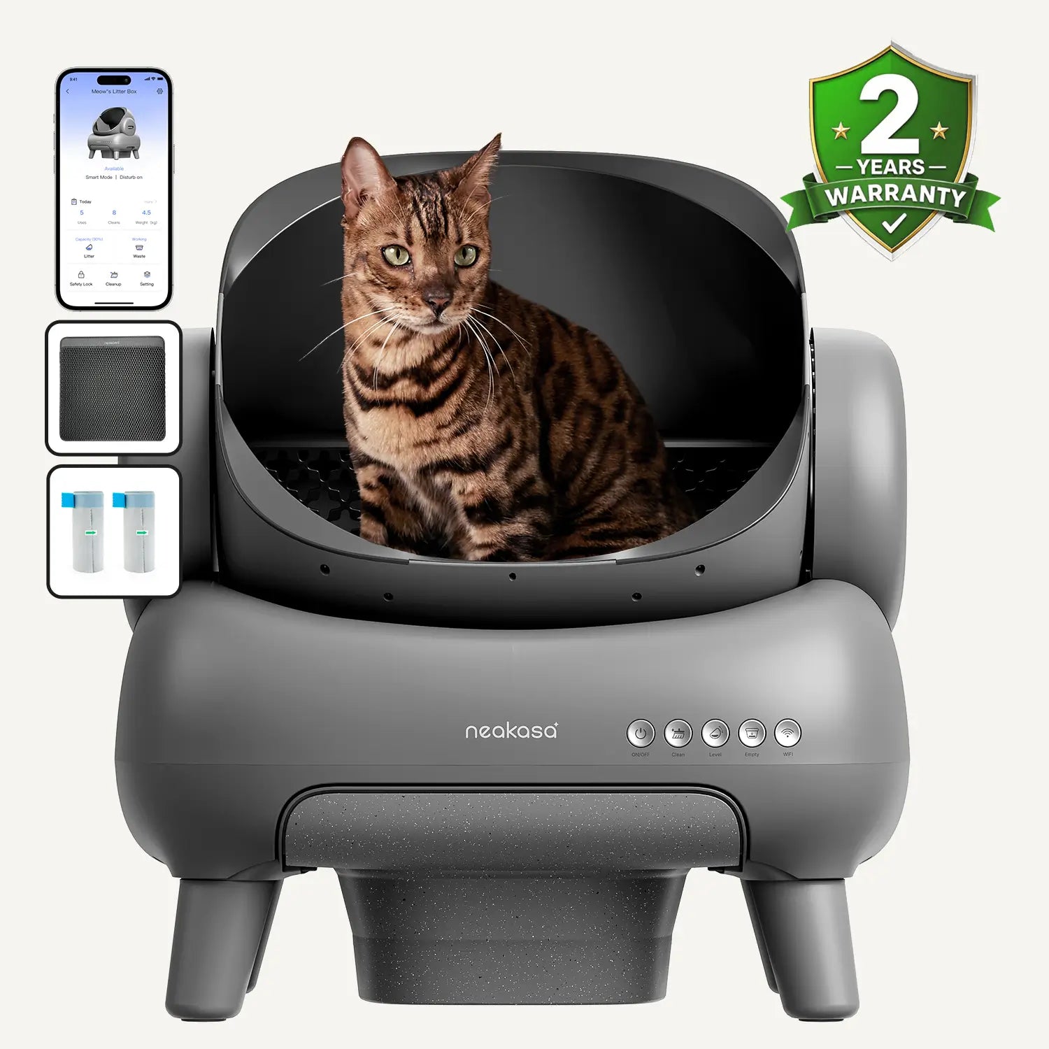 Neakasa M1 Plus open-top/open-view litter box shown in manufacturer marketing image with promotional app or accessory artwork.