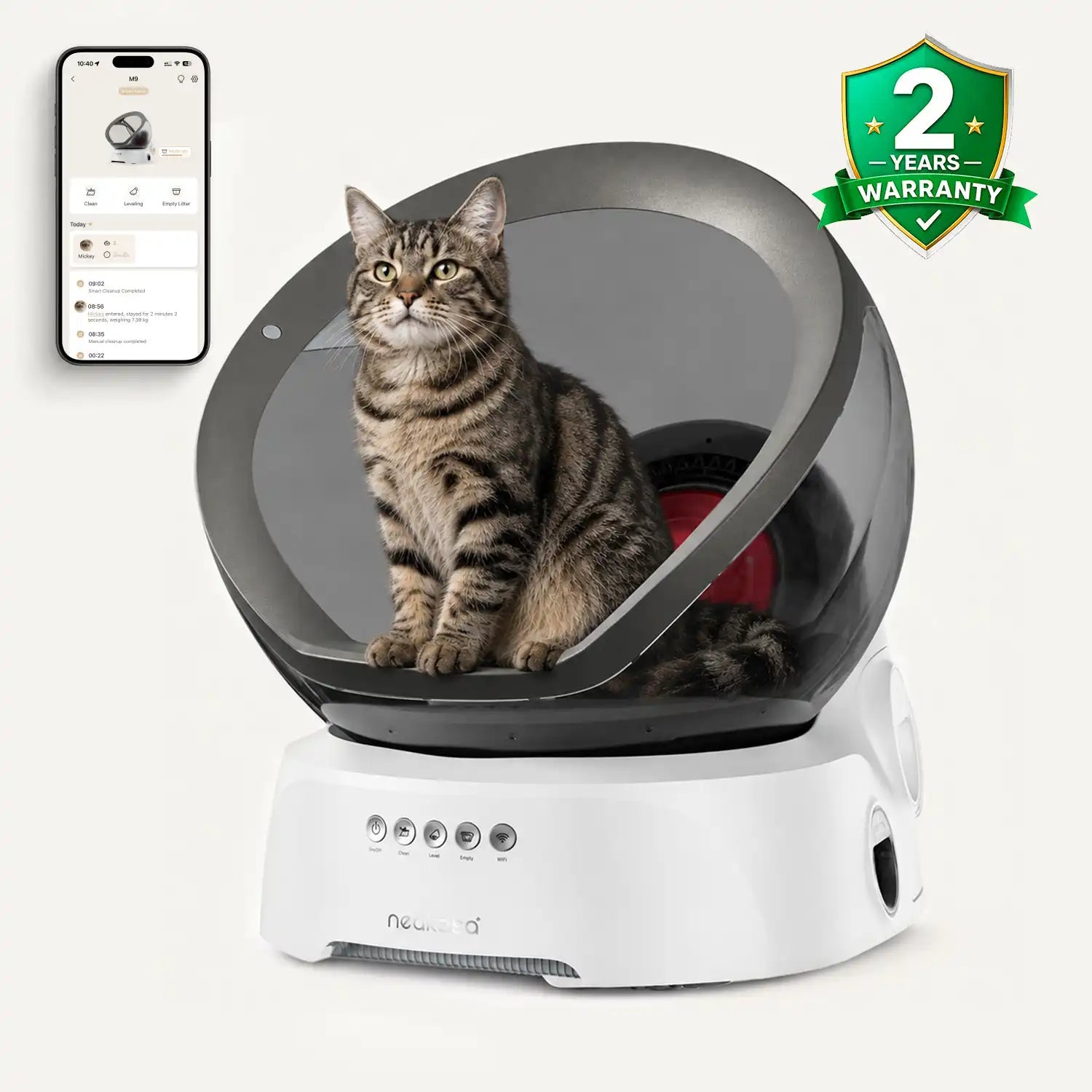 Neakasa M9 open-top/open-view litter box shown in manufacturer marketing image with promotional app or accessory artwork.