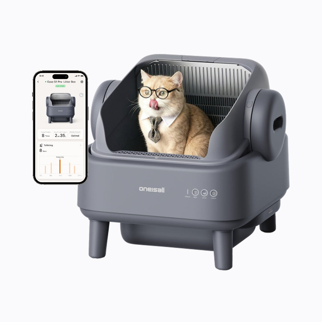 Gray Oneisall Ease S1 Pro open-top litter box with a phone displaying app activity information and a staged cat.