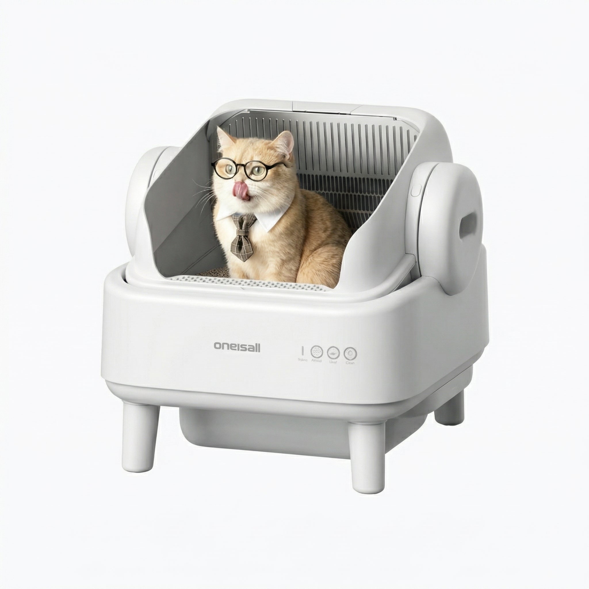 White Oneisall Ease S1 open-top rotating litter box with a staged cat in the tray.
