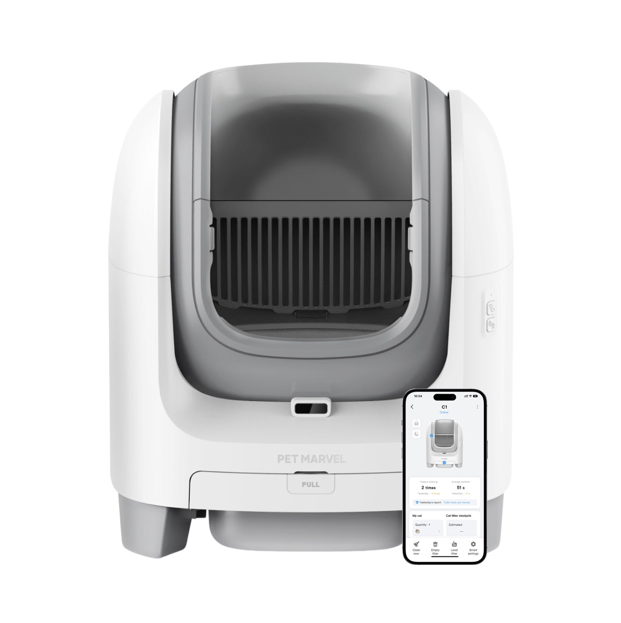 White PET MARVEL C1 open-top litter appliance with phone/app overlay; manufacturer product render composite.