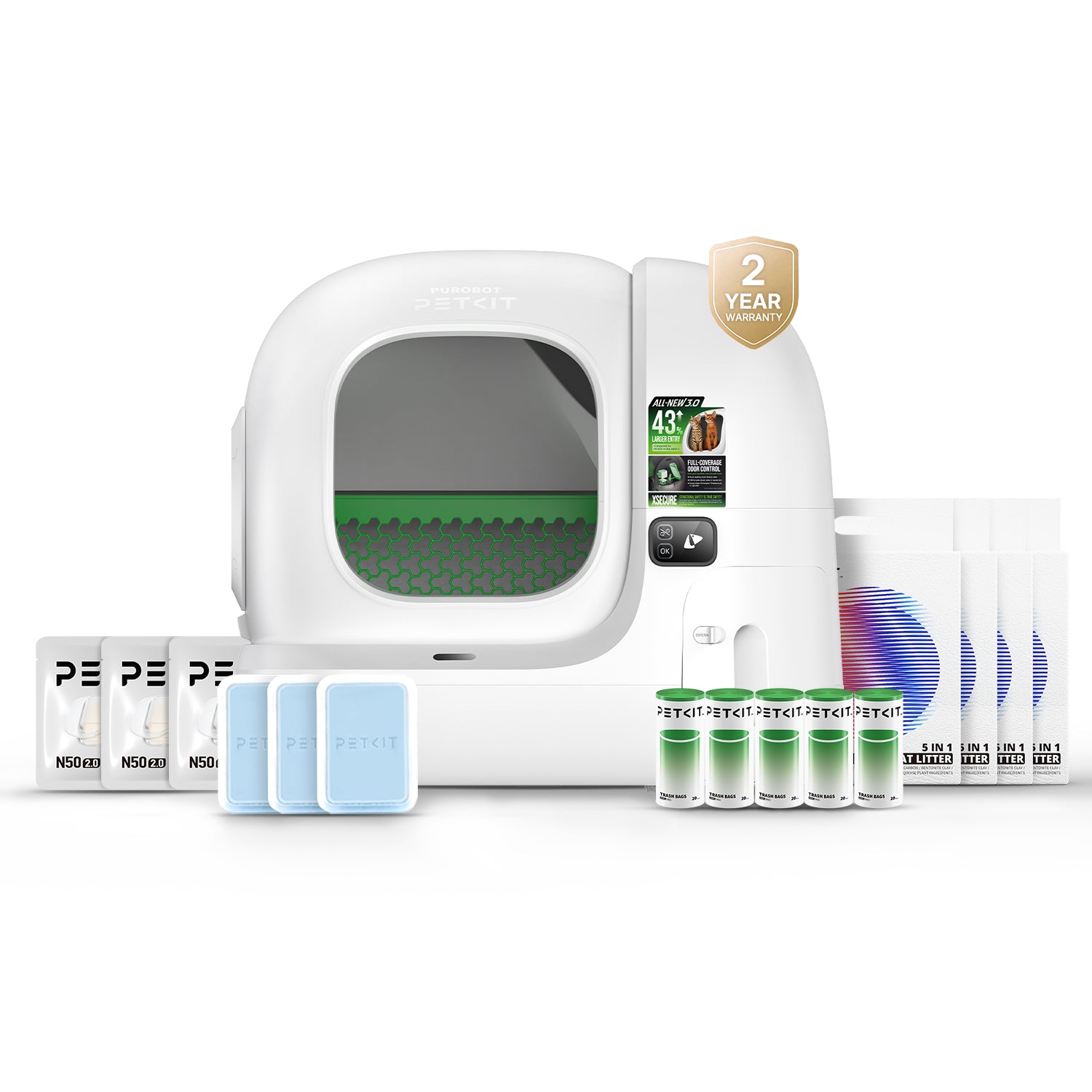 One white Purobot Max 3 shown with the Starter Bundle's litter, bags and odor-control supplies.
