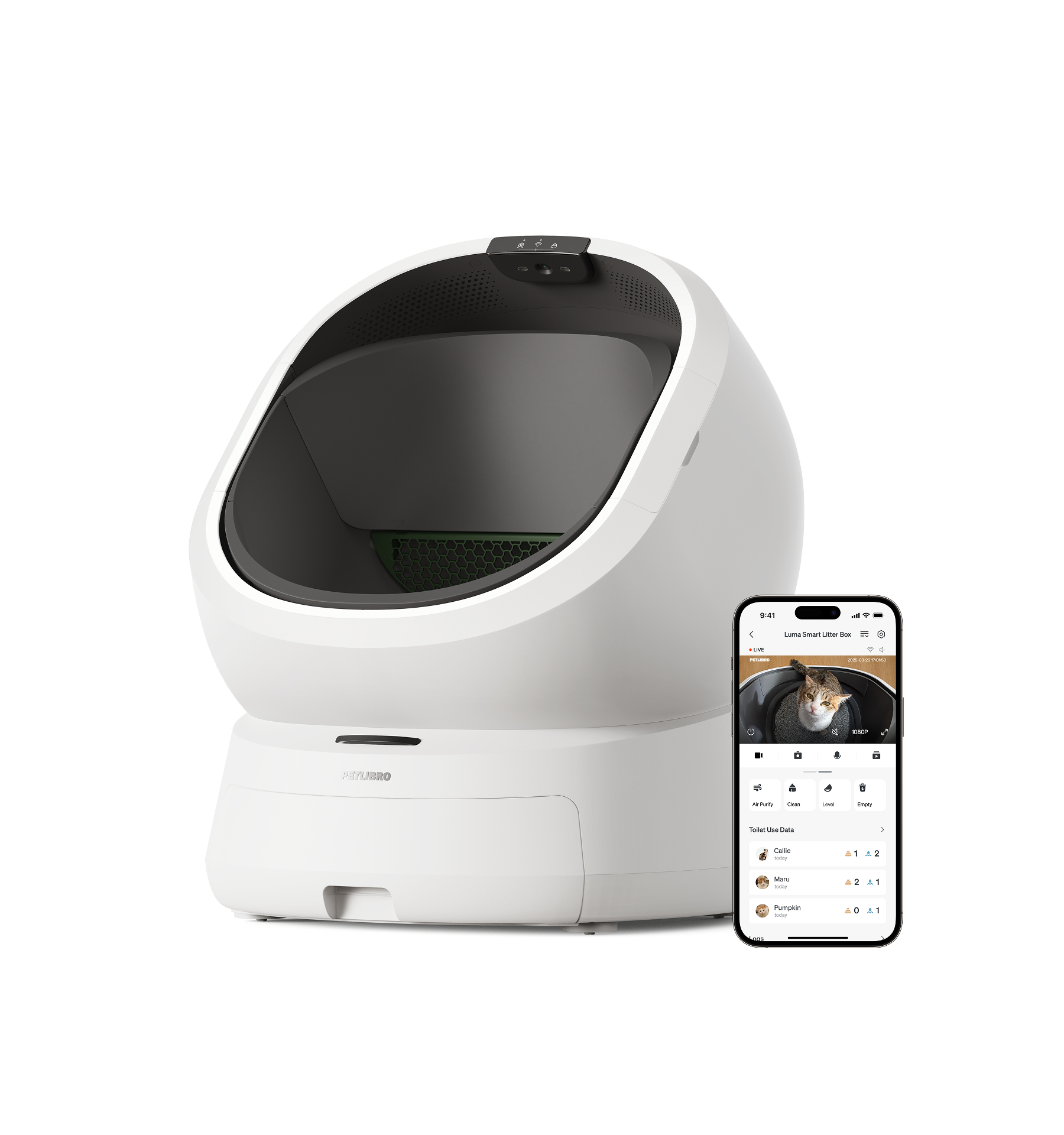 White Petlibro Luma open-view automatic litter box with phone app shown beside it.