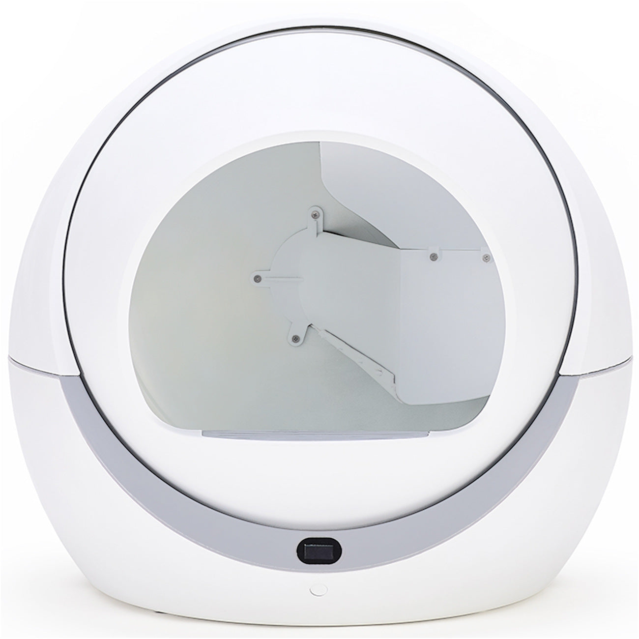 Front view of the original white PETREE enclosed rotating litter box with the interior sifting mechanism visible.