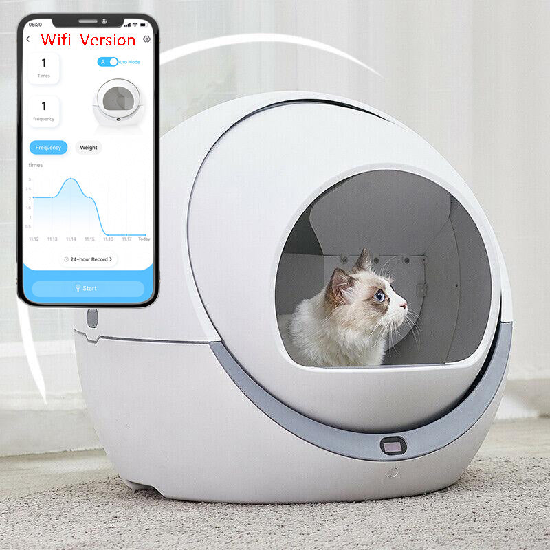 PETREE original Wi-Fi litter-box artwork showing its enclosed white globe, a cat and a phone app display.