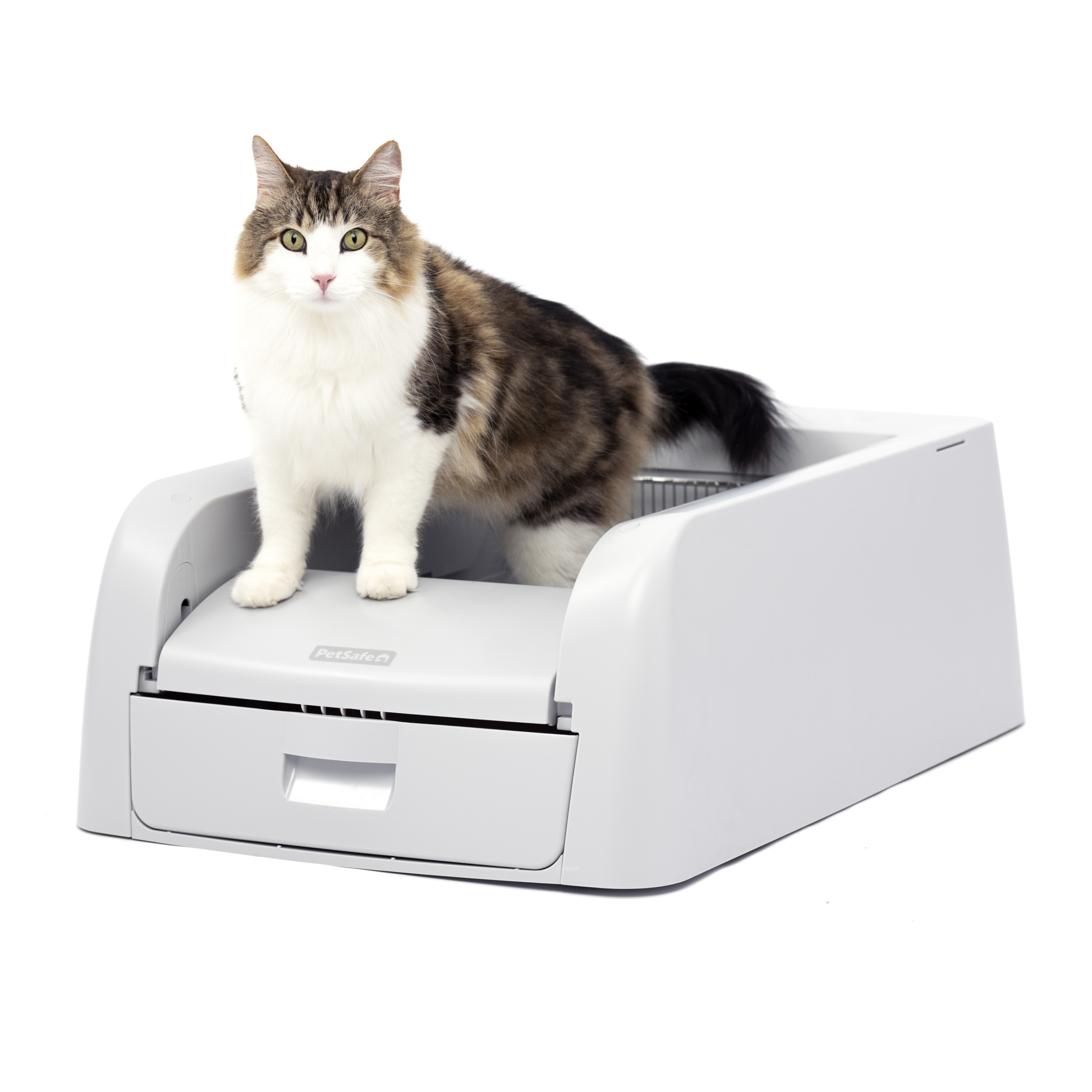 PetSafe ScoopFree Clumping ZAL00-17761 open white pan with tall side walls, front waste drawer and a cat in a manufacturer composite.