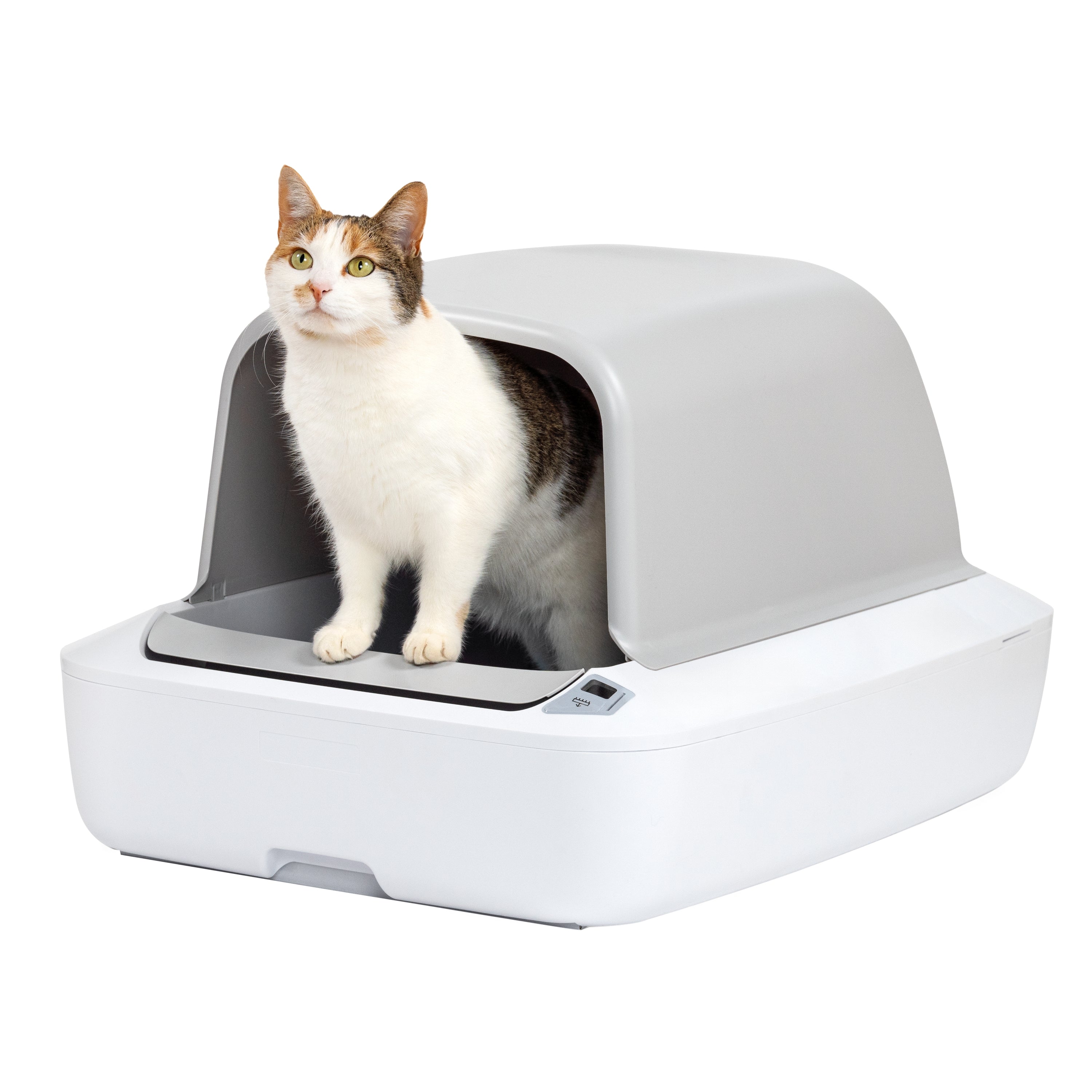White hooded PetSafe ScoopFree Crystal Pro with a cat at its front entry; manufacturer product composite.
