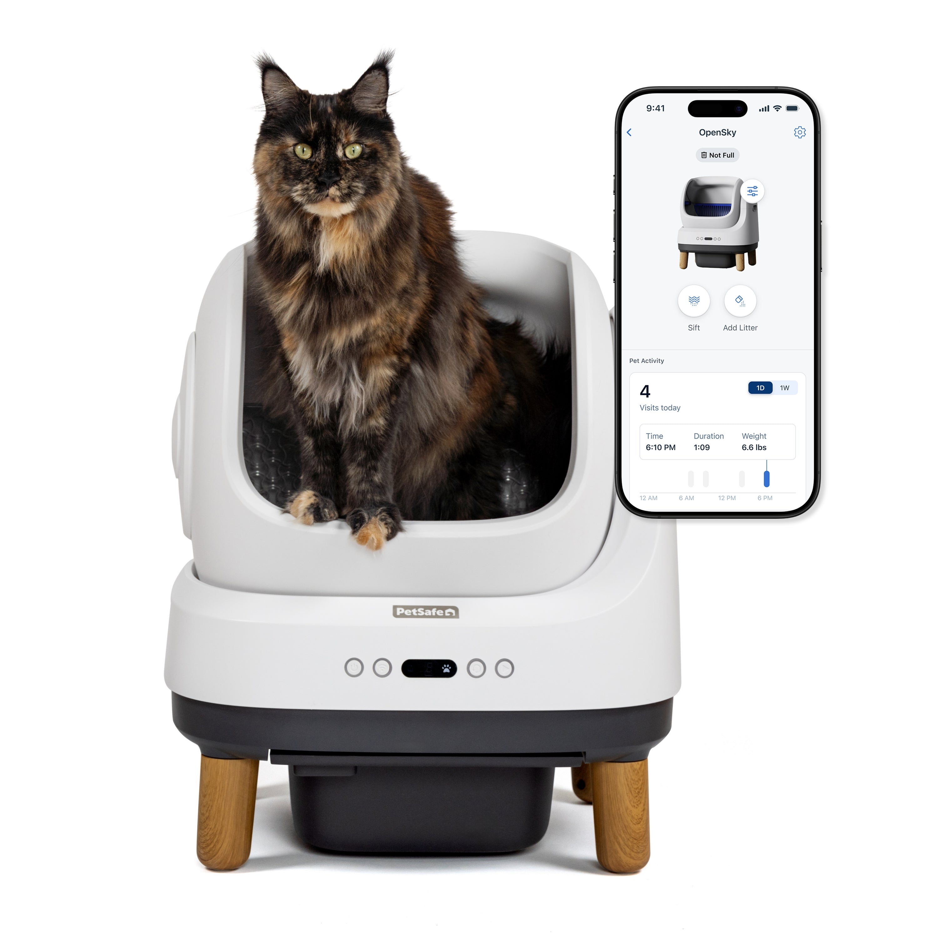 PetSafe ScoopFree OpenSky open-top rotating chamber with cat and app interface beside the white appliance.