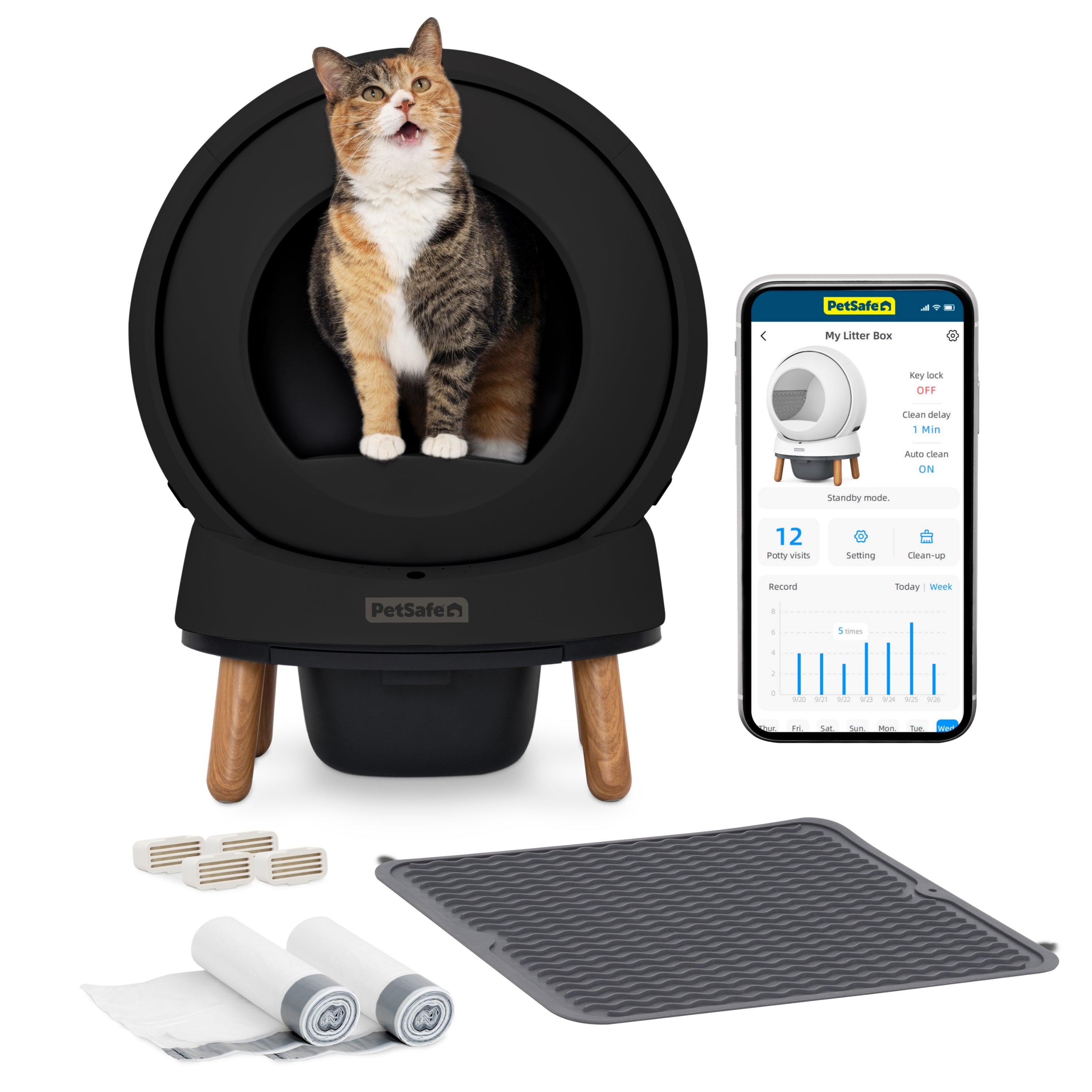 Black PetSafe ScoopFree SmartSpin bundle box with silicone mat, liners and deodorizer packs in manufacturer artwork.