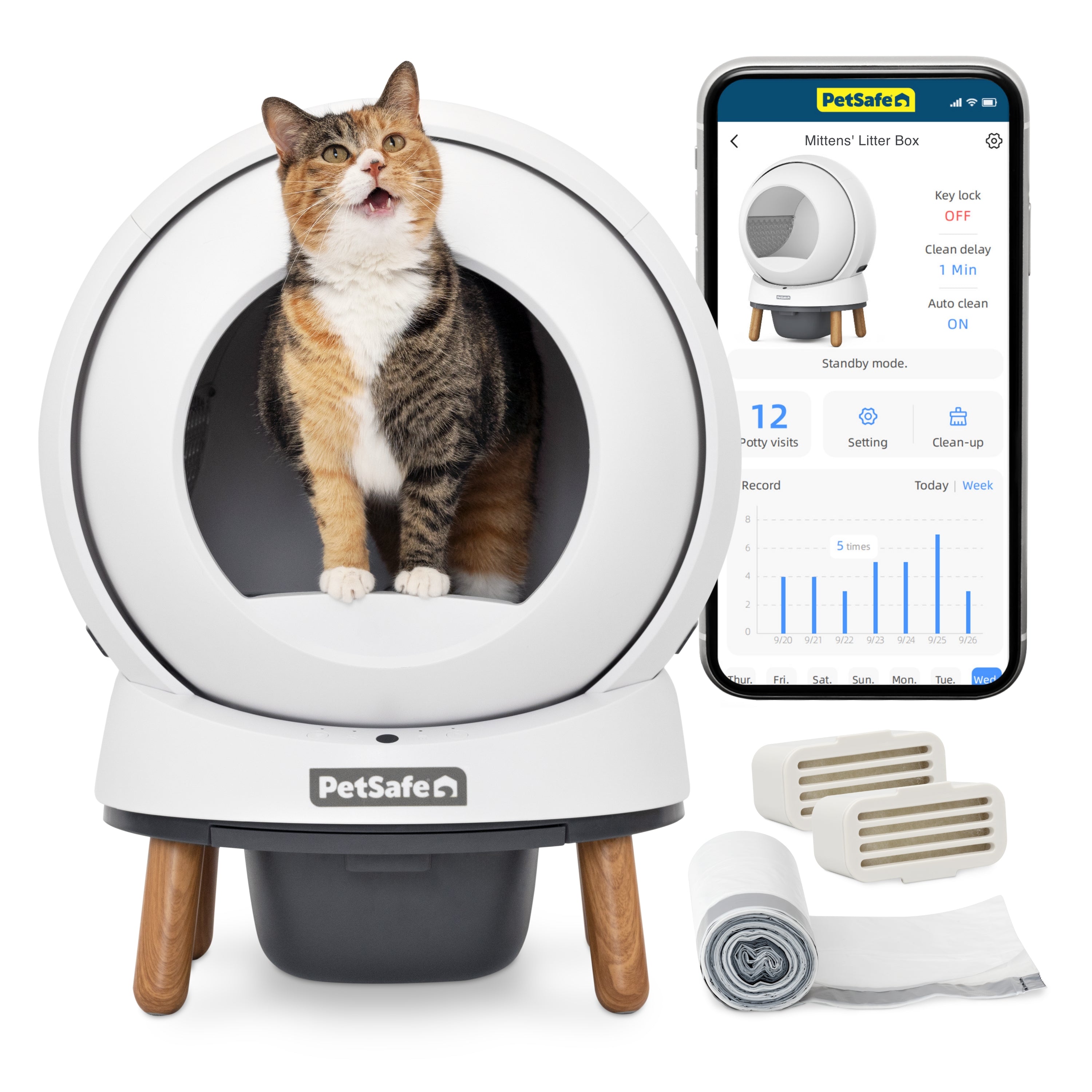 White PetSafe ScoopFree SmartSpin enclosed globe with cat, phone app screen and included supplies in a marketing composite.